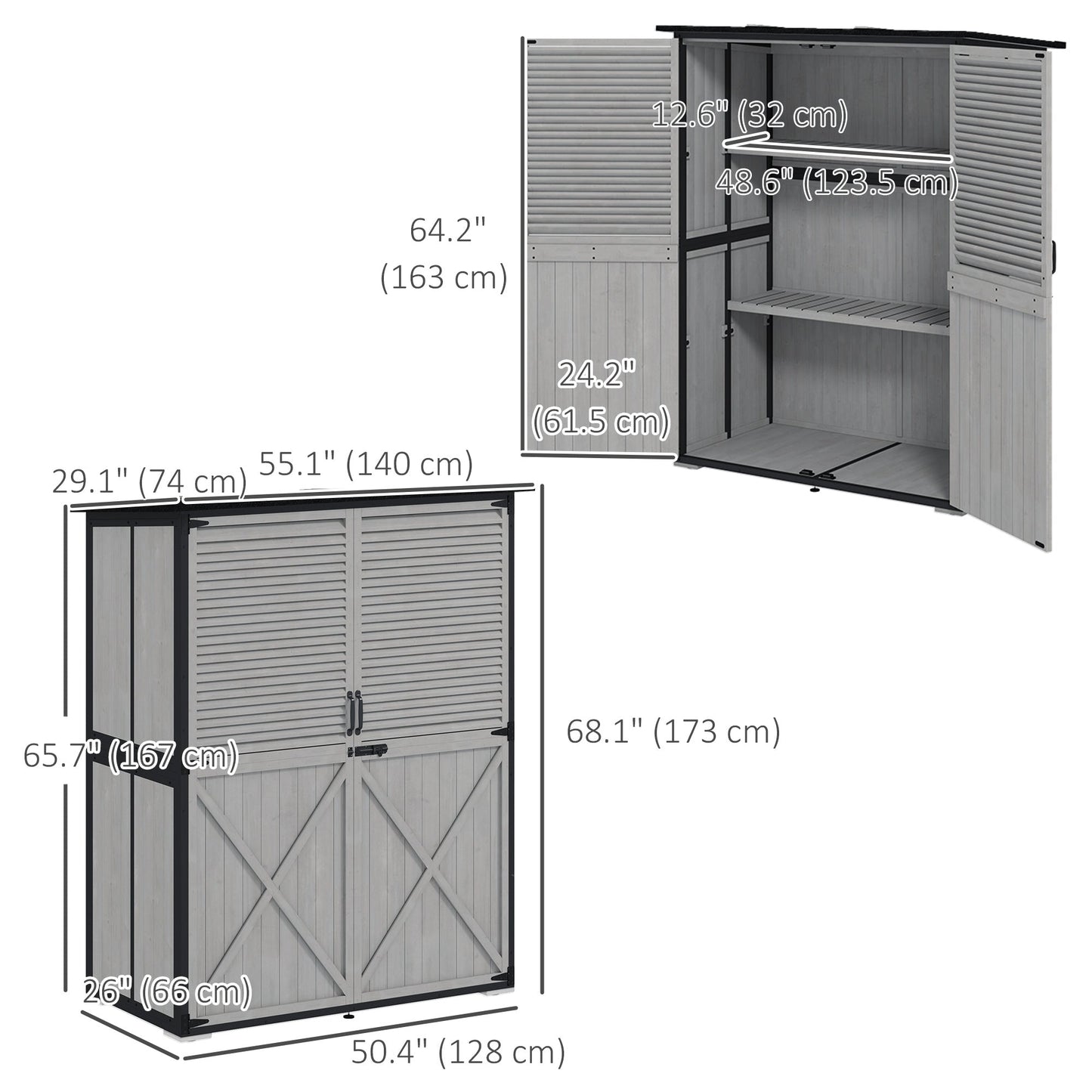 Outdoor Storage Cabinet, Wooden Garden Shed w/ Lock, Steel Frame, Asphalt Roof, Vertical Tool Shed w/ Adjustable Shelves and Feet for Patio Deck, 55" x 29" x 68", Grey