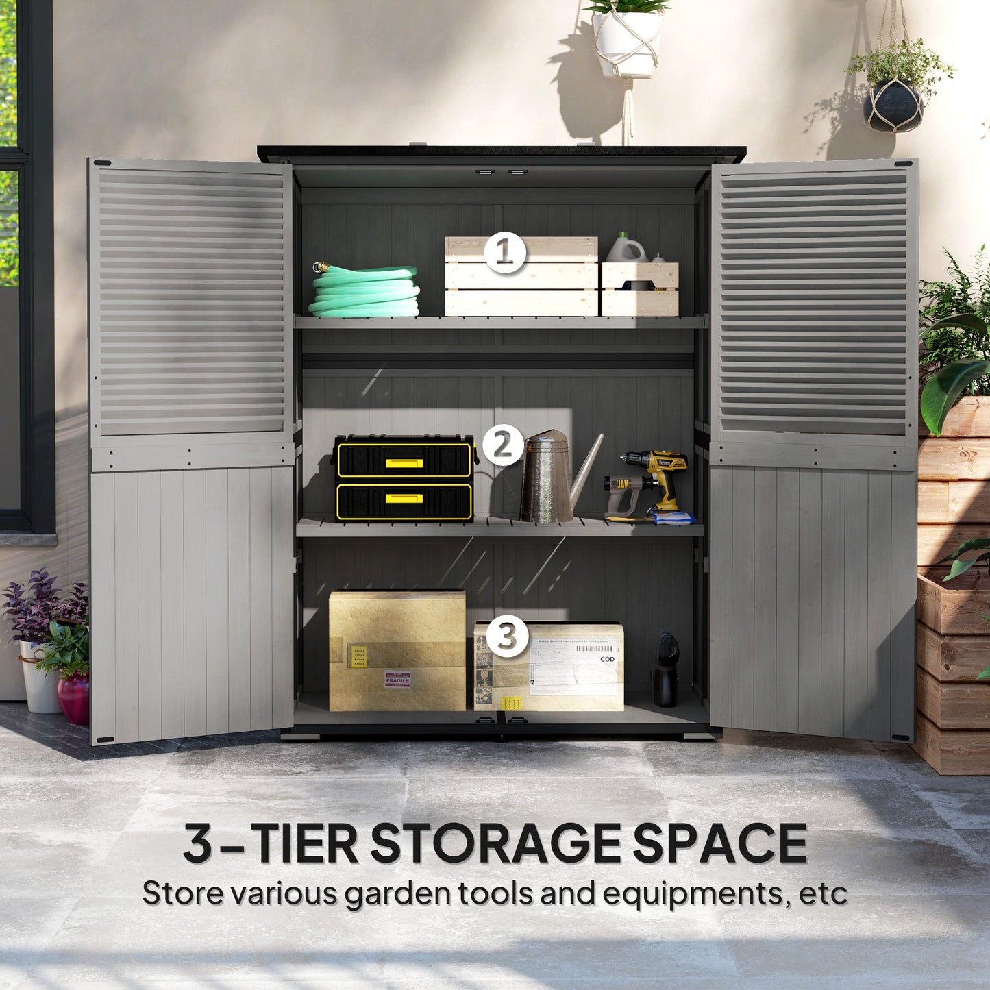 Outdoor Storage Cabinet, Wooden Garden Shed w/ Lock, Steel Frame, Asphalt Roof, Vertical Tool Shed w/ Adjustable Shelves and Feet for Patio Deck, 55" x 29" x 68", Grey