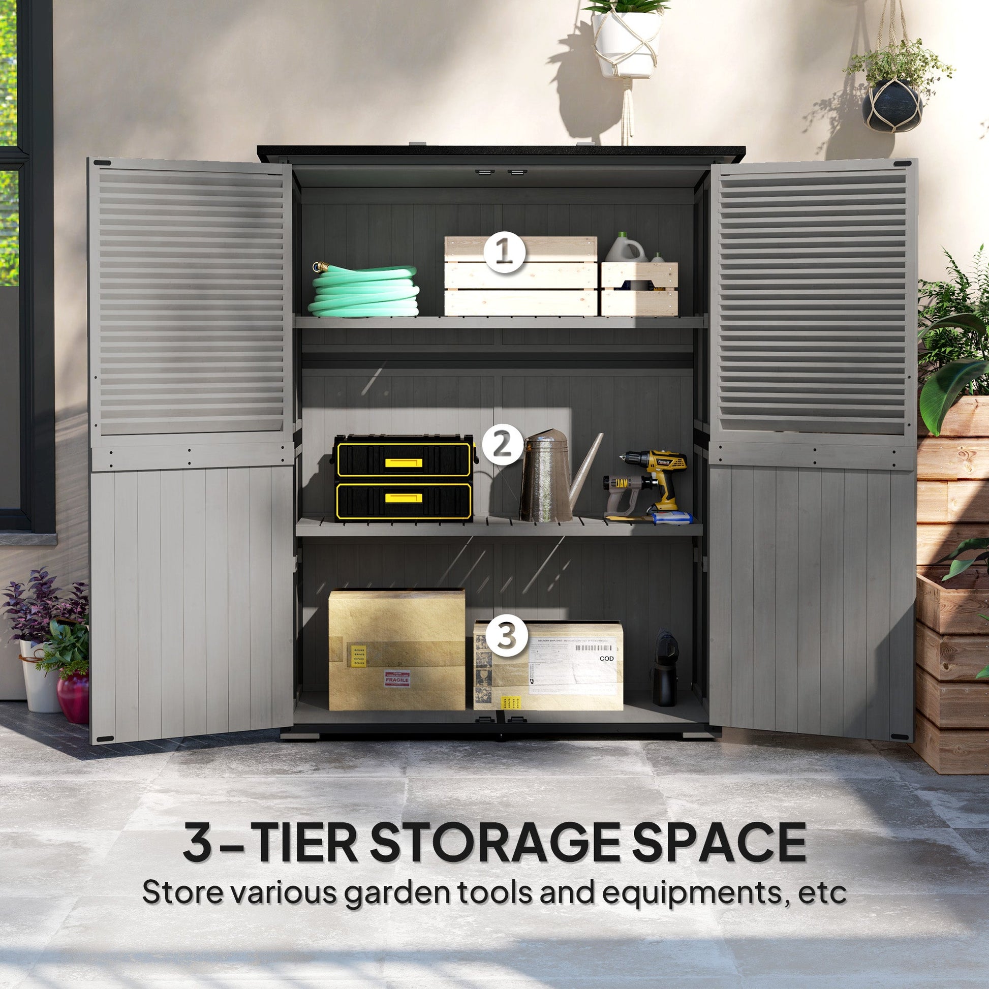 Outdoor Storage Cabinet, Wooden Garden Shed w/ Lock, Steel Frame, Asphalt Roof, Vertical Tool Shed w/ Adjustable Shelves and Feet for Patio Deck, 55" x 29" x 68", Grey