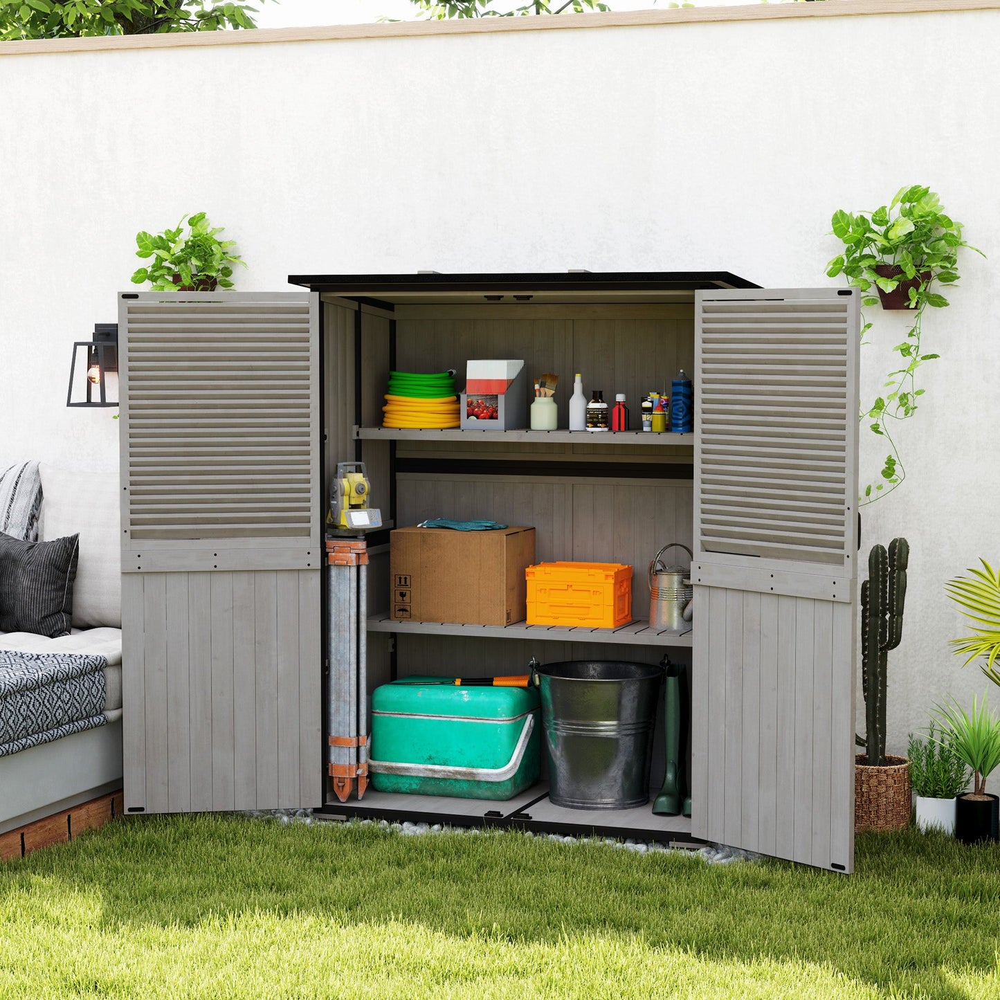 Outdoor Storage Cabinet, Wooden Garden Shed w/ Lock, Steel Frame, Asphalt Roof, Vertical Tool Shed w/ Adjustable Shelves and Feet for Patio Deck, 55" x 29" x 68", Grey