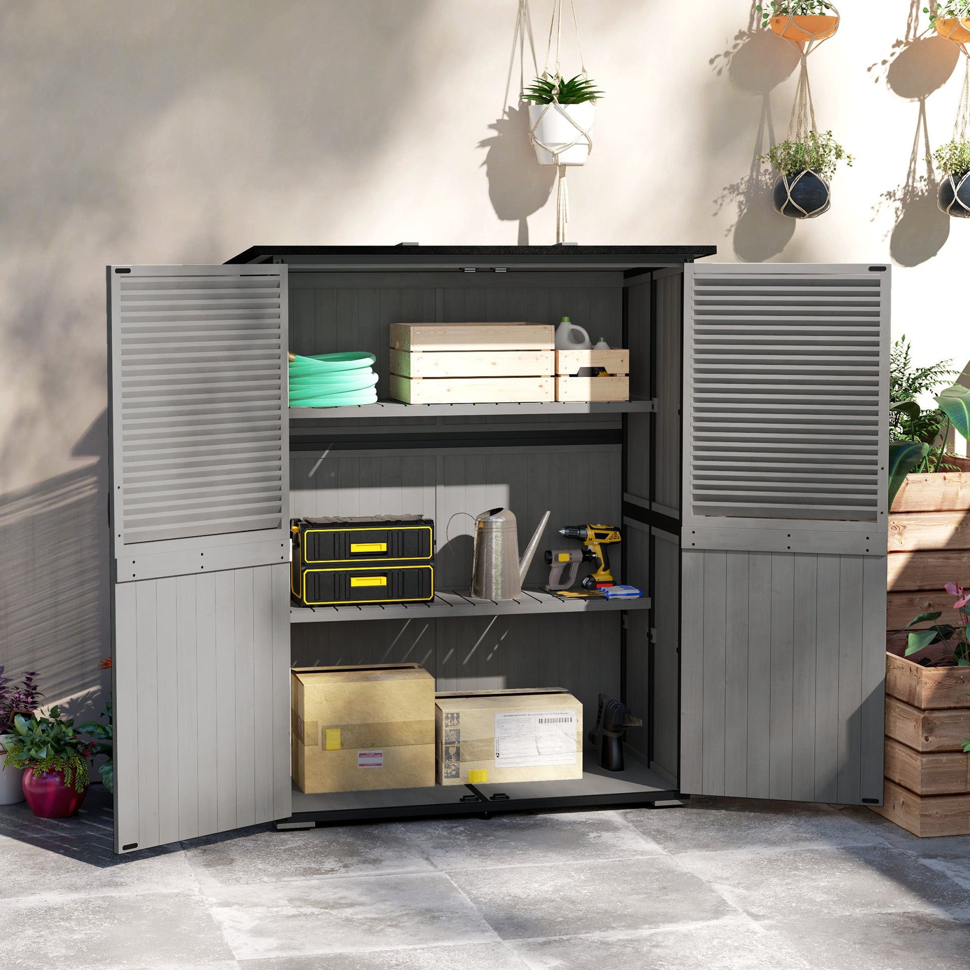 Outdoor Storage Cabinet, Wooden Garden Shed w/ Lock, Steel Frame, Asphalt Roof, Vertical Tool Shed w/ Adjustable Shelves and Feet for Patio Deck, 55" x 29" x 68", Grey