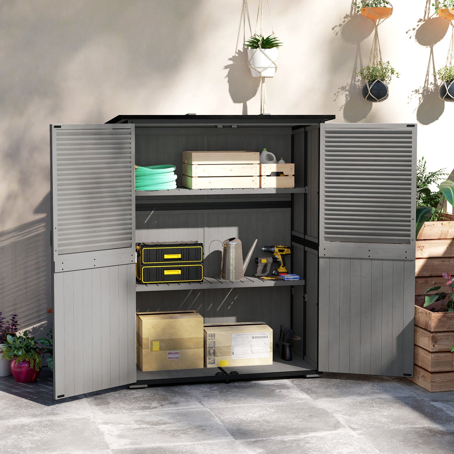 Outdoor Storage Cabinet, Wooden Garden Shed w/ Lock, Steel Frame, Asphalt Roof, Vertical Tool Shed w/ Adjustable Shelves and Feet for Patio Deck, 55" x 29" x 68", Grey