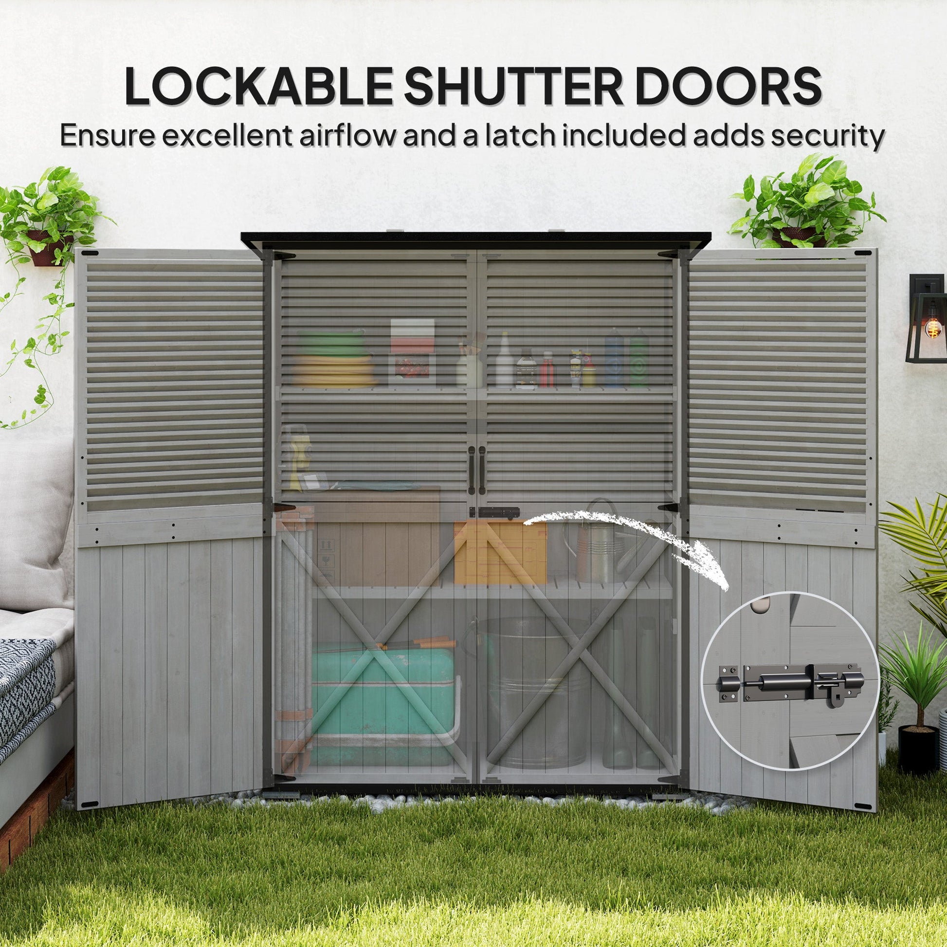 Outdoor Storage Cabinet, Wooden Garden Shed w/ Lock, Steel Frame, Asphalt Roof, Vertical Tool Shed w/ Adjustable Shelves and Feet for Patio Deck, 55" x 29" x 68", Grey