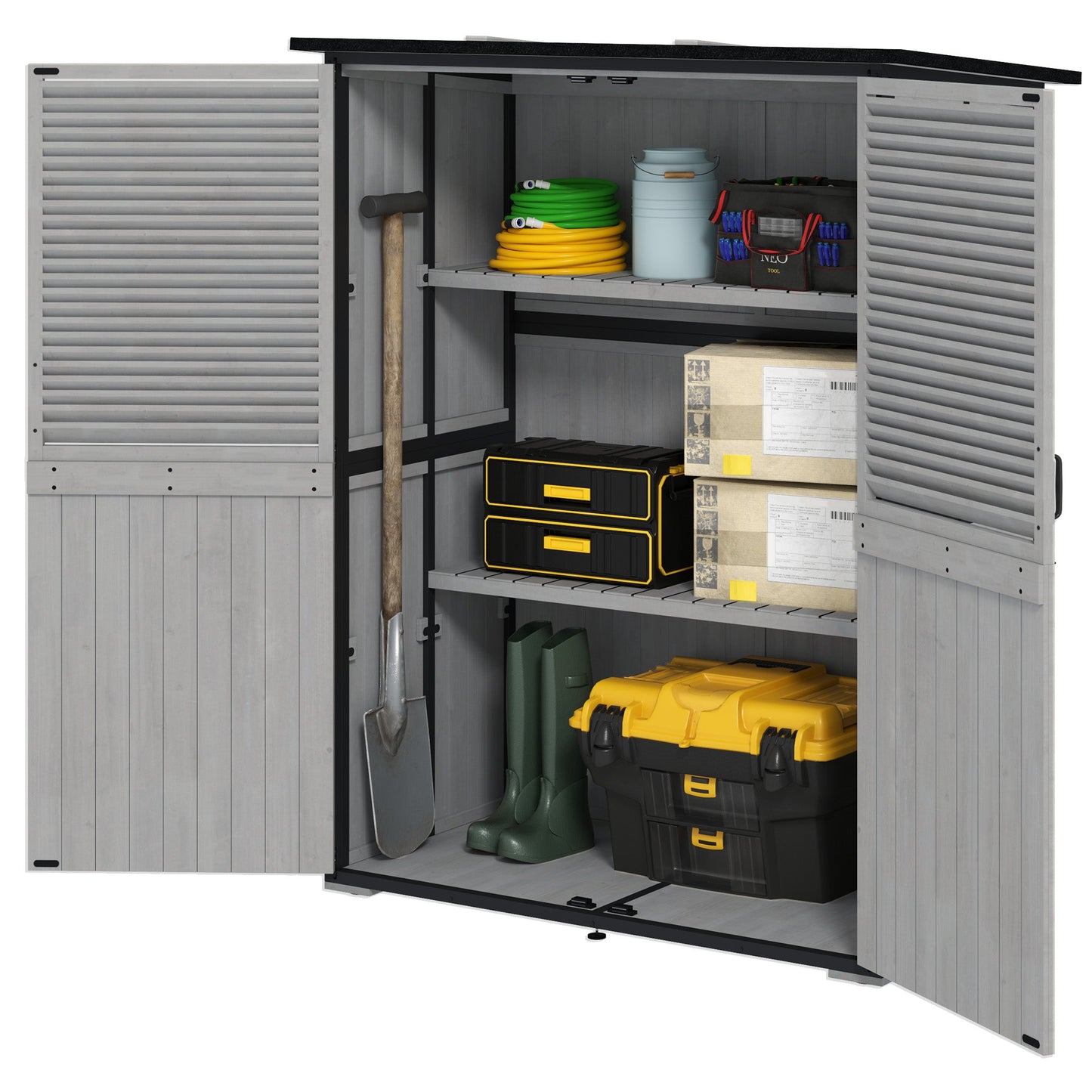 Outdoor Storage Cabinet, Wooden Garden Shed w/ Lock, Steel Frame, Asphalt Roof, Vertical Tool Shed w/ Adjustable Shelves and Feet for Patio Deck, 55" x 29" x 68", Grey