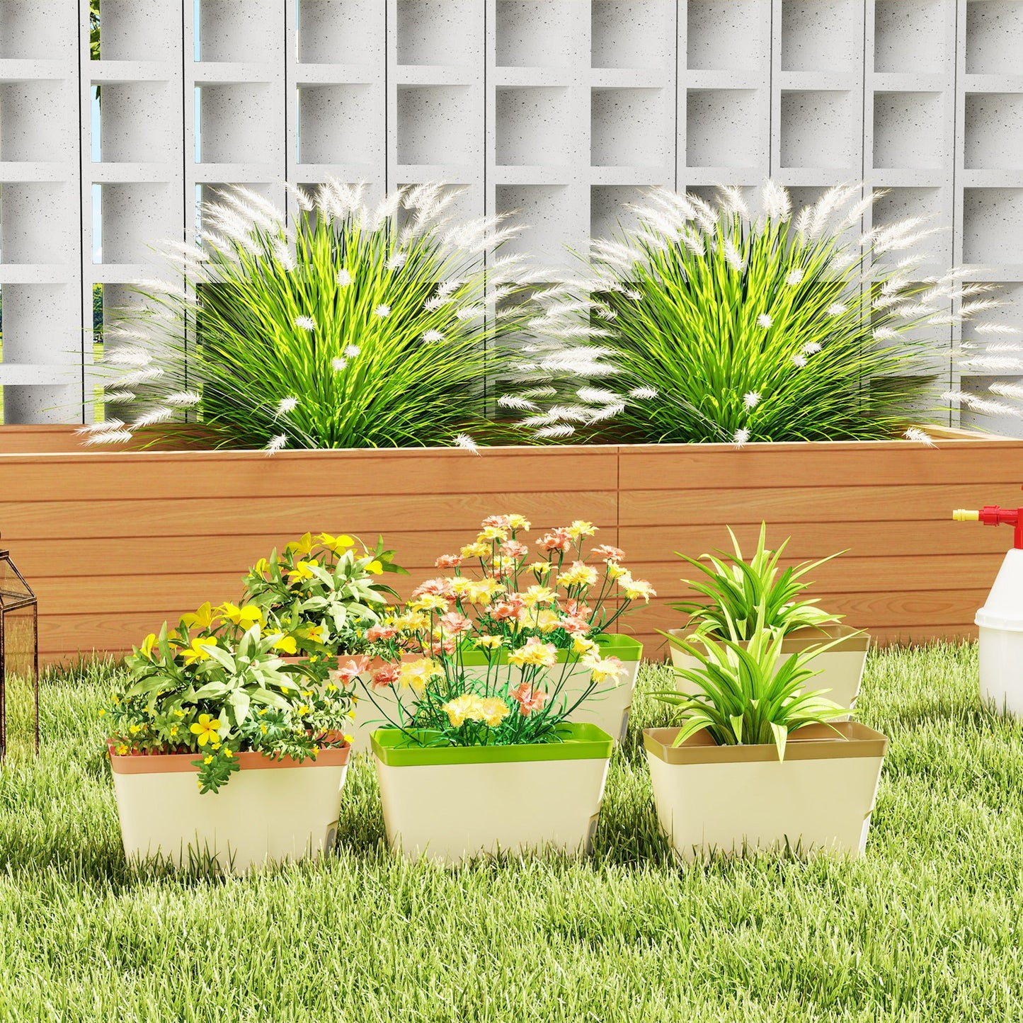 6 Pack Self Watering Planter Box, 10.5 Inch Outdoor Flower Pots with Water Level Indicator, Plastic Planter Pots for Herbs, Vegetables, Flowers, Succulents Plants