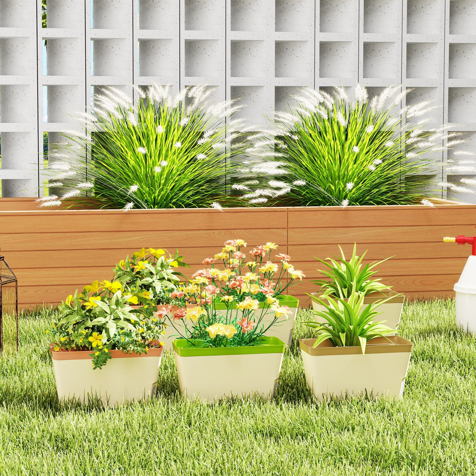 6 Pack Self Watering Planter Box, 10.5 Inch Outdoor Flower Pots with Water Level Indicator, Plastic Planter Pots for Herbs, Vegetables, Flowers, Succulents Plants
