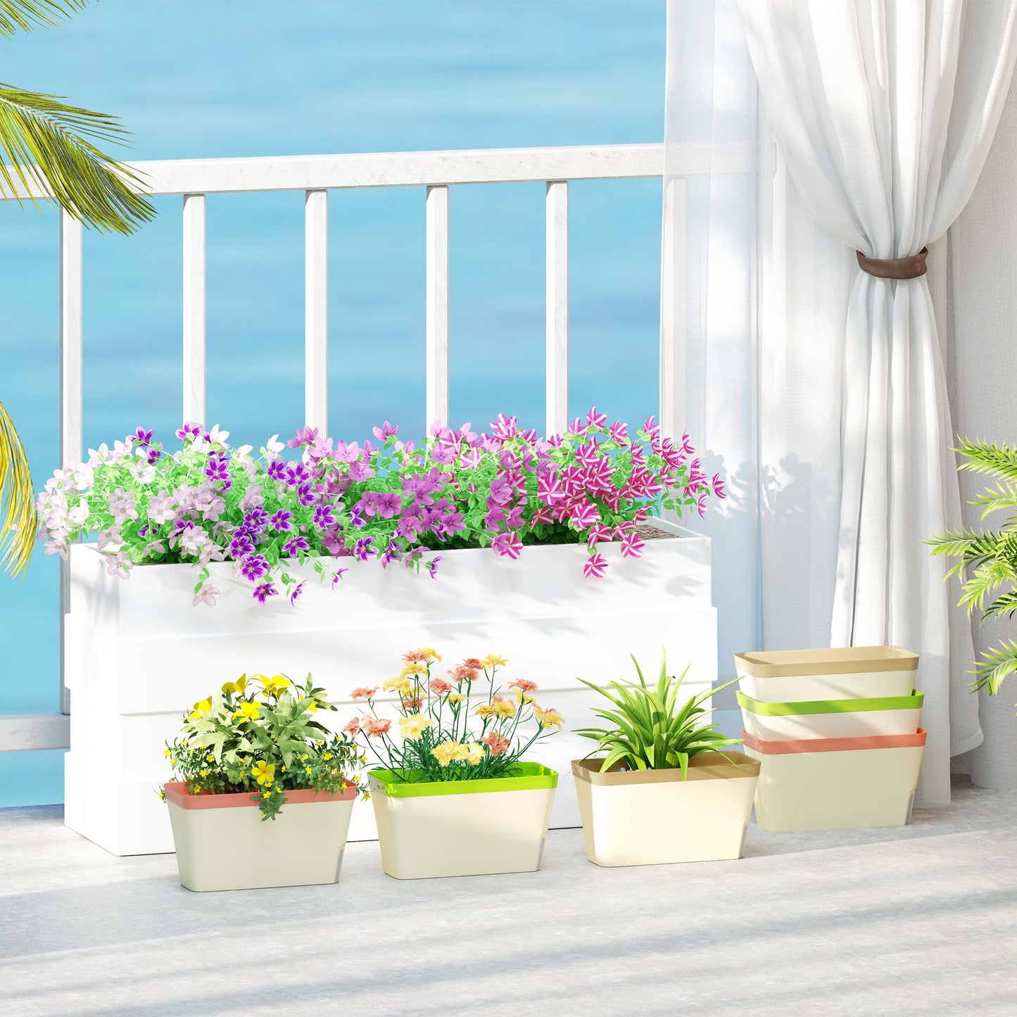 6 Pack Self Watering Planter Box, 10.5 Inch Outdoor Flower Pots with Water Level Indicator, Plastic Planter Pots for Herbs, Vegetables, Flowers, Succulents Plants