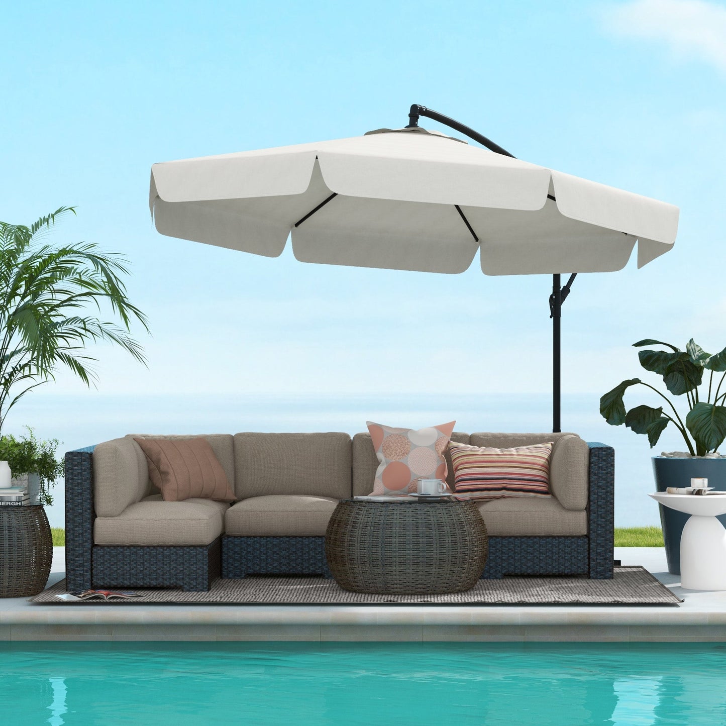 11FT Offset Hanging Patio Umbrella Cantilever Umbrella with Easy Tilt Adjustment, Cross Base and 8 Ribs for Backyard, Poolside, Lawn and Garden, Cream White