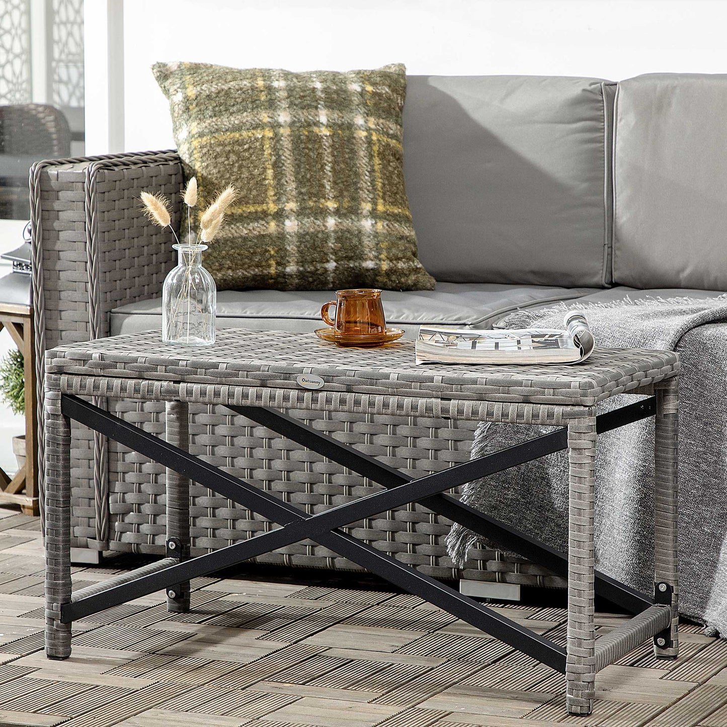 Patio Wicker End Table, Outdoor PE Rattan Side Table, with Plastic Board Under the Full Woven Table Top for Patio, Garden, Balcony, Mixed Gray