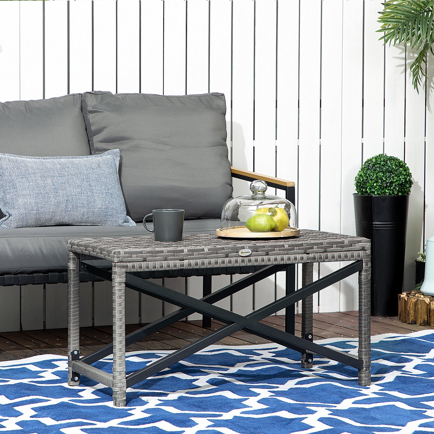 Patio Wicker End Table, Outdoor PE Rattan Side Table, with Plastic Board Under the Full Woven Table Top for Patio, Garden, Balcony, Mixed Gray