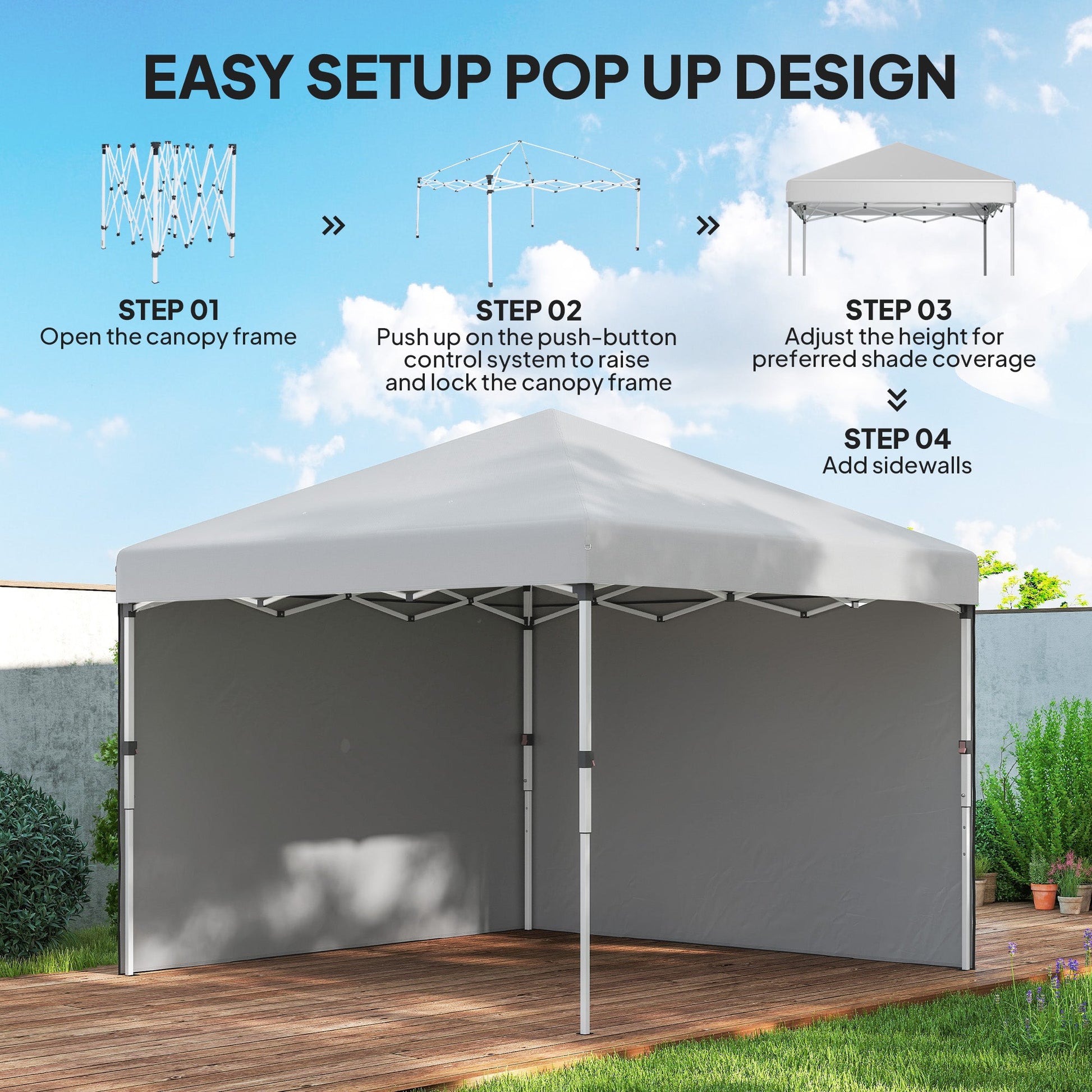 10' x 10' Pop Up Canopy Tent with Removable Sidewalls, Instant Shelter with Portable Roller Bag, 4 Sand Bags, Adjustable Height for Outdoor, Garden, Patio, White