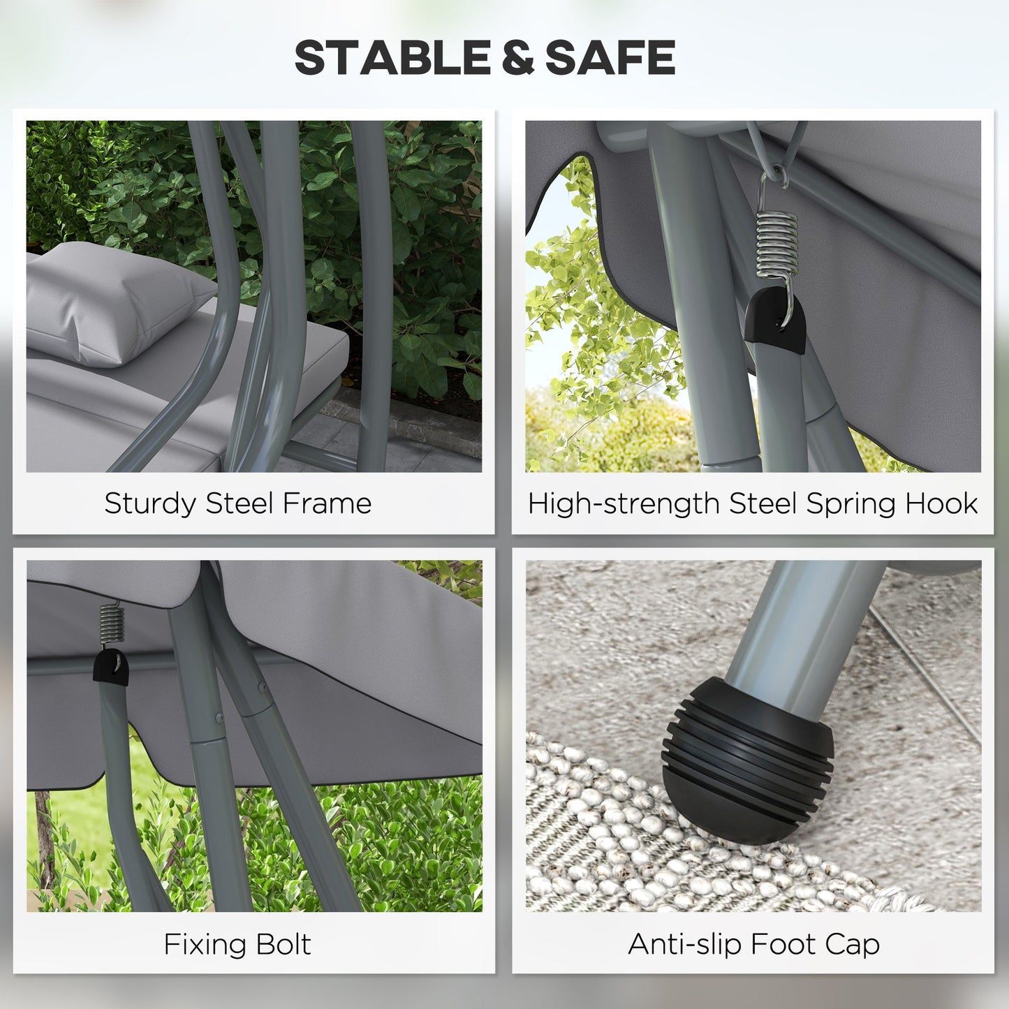 3-Seater Patio Swing Chair, Convertible Cushioned Porch Swing Bed, Outdoor Swing Seat with Adjustable Canopy and Two Pillows, for Porch, Garden, Poolside, Light Grey