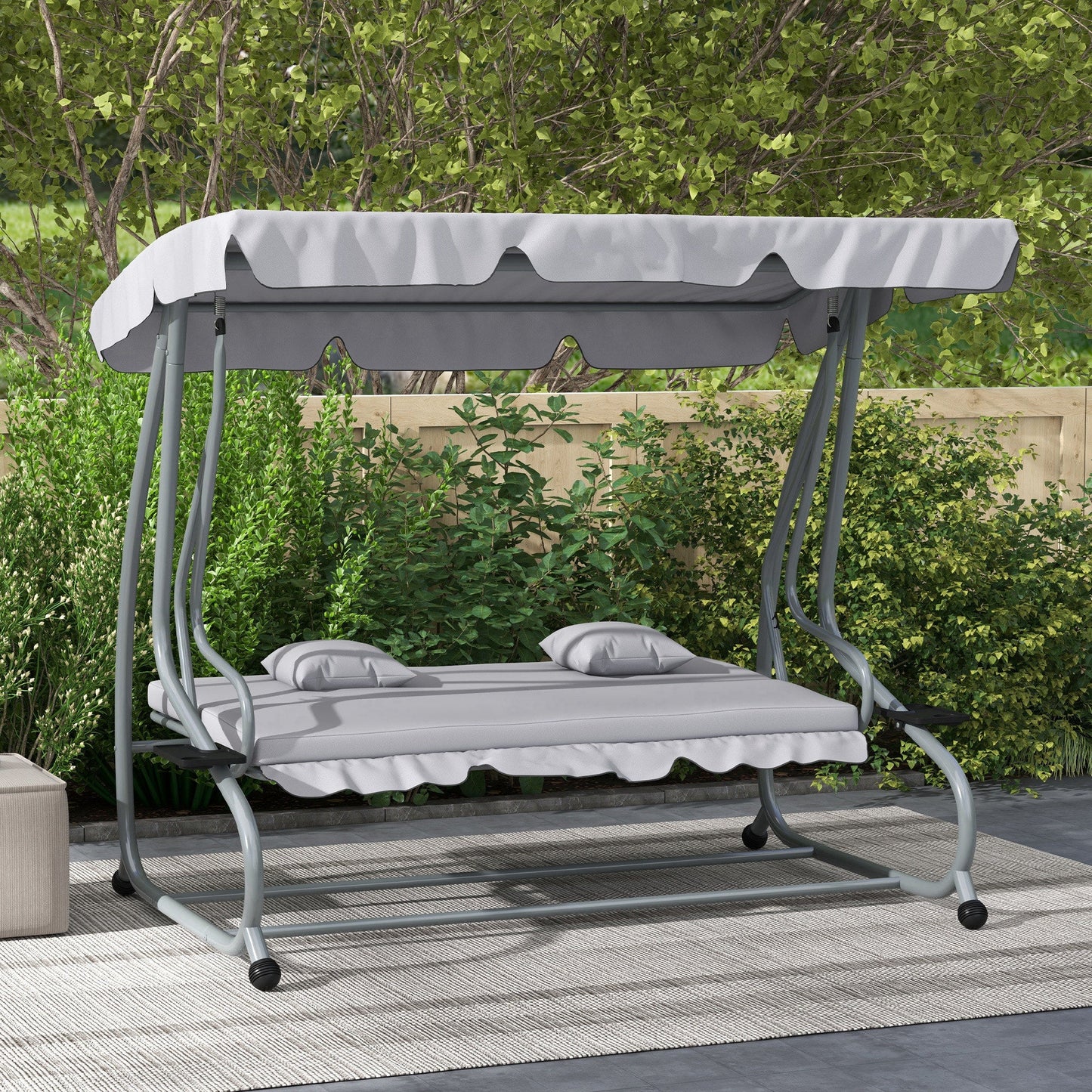 3-Seater Patio Swing Chair, Convertible Cushioned Porch Swing Bed, Outdoor Swing Seat with Adjustable Canopy and Two Pillows, for Porch, Garden, Poolside, Light Grey