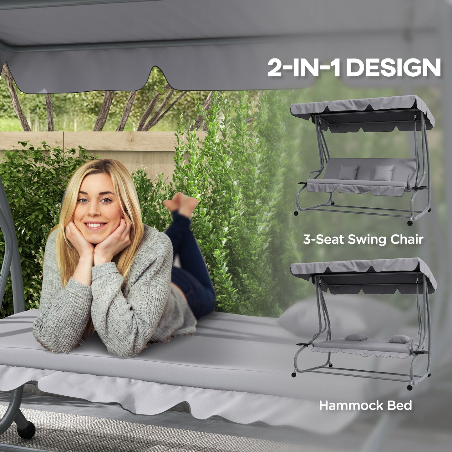 3-Seater Patio Swing Chair, Convertible Cushioned Porch Swing Bed, Outdoor Swing Seat with Adjustable Canopy and Two Pillows, for Porch, Garden, Poolside, Light Grey