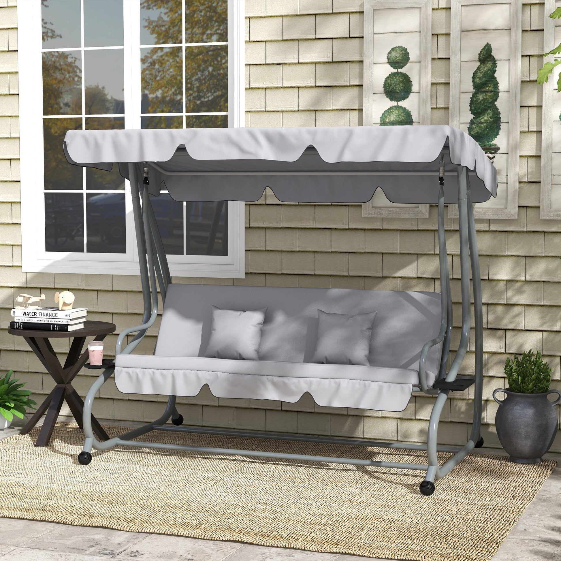 3-Seater Patio Swing Chair, Convertible Cushioned Porch Swing Bed, Outdoor Swing Seat with Adjustable Canopy and Two Pillows, for Porch, Garden, Poolside, Light Grey