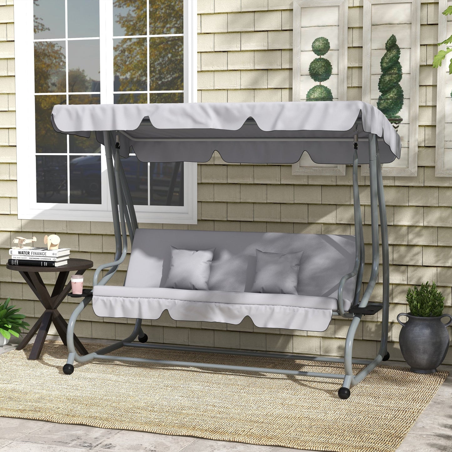 3-Seater Patio Swing Chair, Convertible Cushioned Porch Swing Bed, Outdoor Swing Seat with Adjustable Canopy and Two Pillows, for Porch, Garden, Poolside, Light Grey