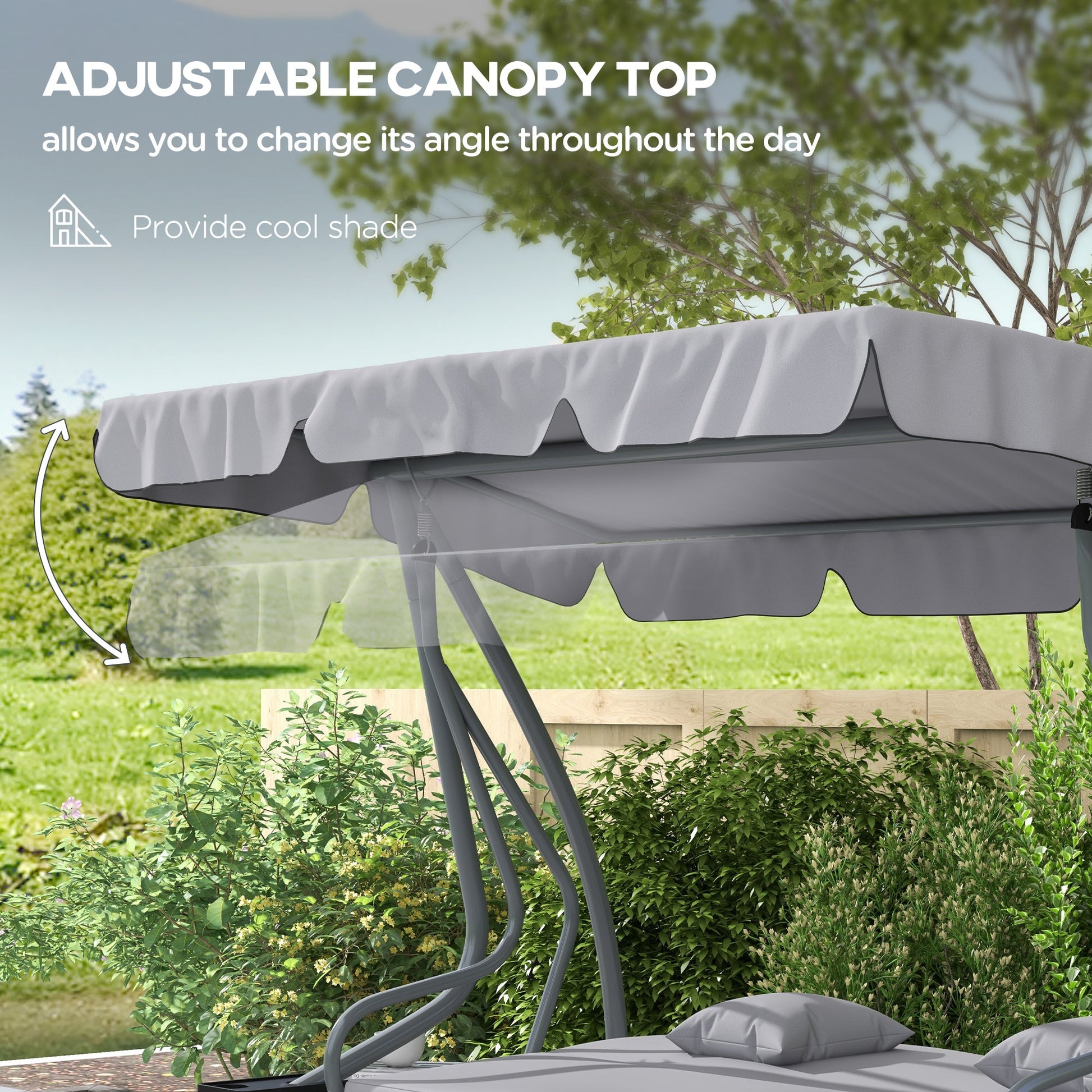 3-Seater Patio Swing Chair, Convertible Cushioned Porch Swing Bed, Outdoor Swing Seat with Adjustable Canopy and Two Pillows, for Porch, Garden, Poolside, Light Grey