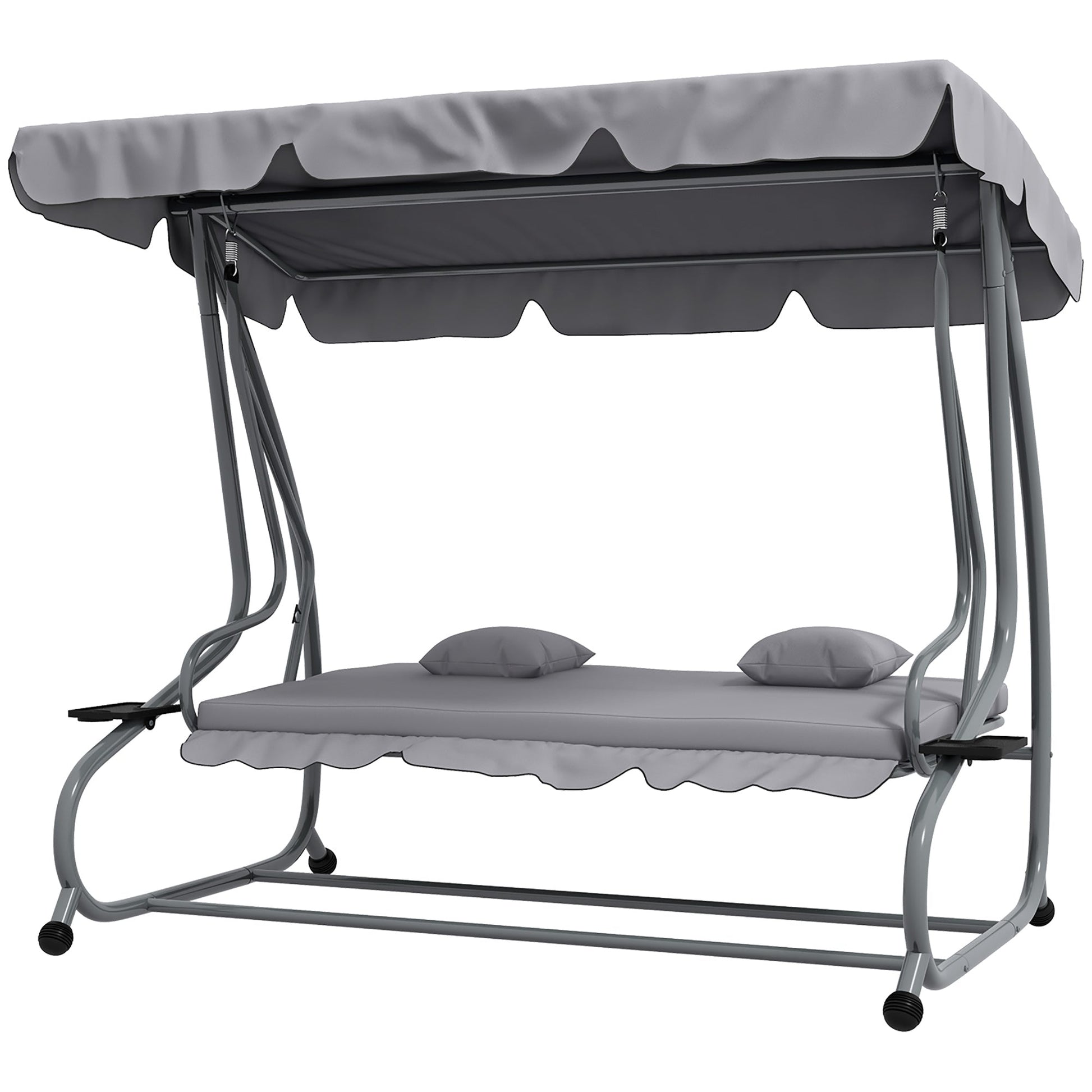 3-Seater Patio Swing Chair, Convertible Cushioned Porch Swing Bed, Outdoor Swing Seat with Adjustable Canopy and Two Pillows, for Porch, Garden, Poolside, Light Grey