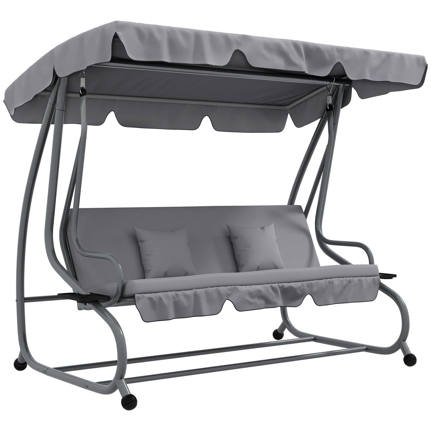 3-Seater Patio Swing Chair, Convertible Cushioned Porch Swing Bed, Outdoor Swing Seat with Adjustable Canopy and Two Pillows, for Porch, Garden, Poolside, Light Grey