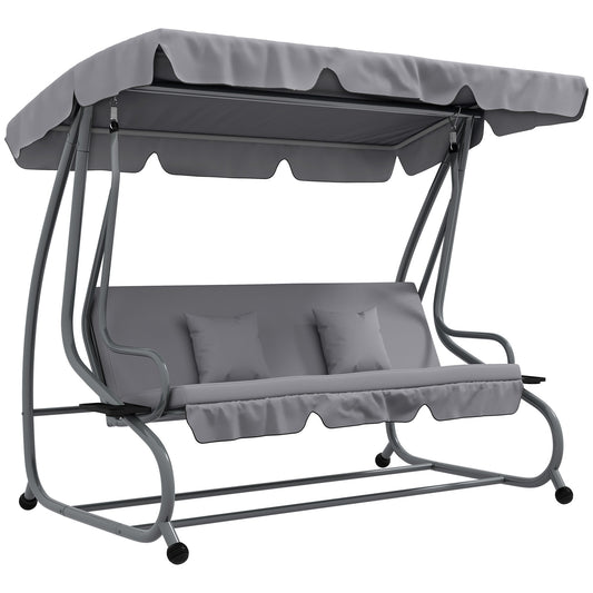 3-Seater Patio Swing Chair, Convertible Cushioned Porch Swing Bed, Outdoor Swing Seat with Adjustable Canopy and Two Pillows, for Porch, Garden, Poolside, Light Grey