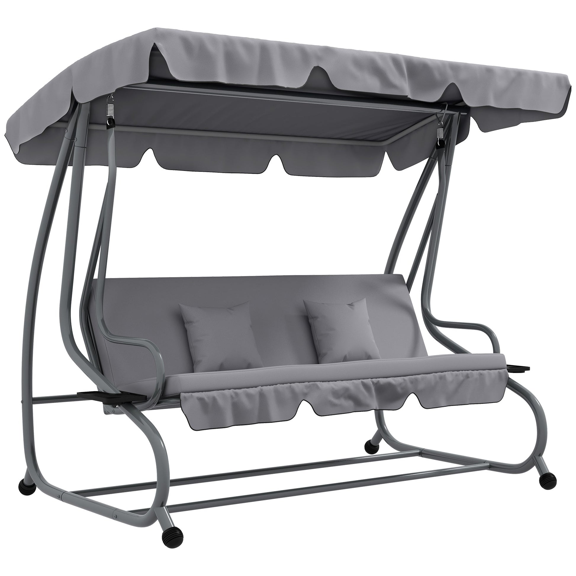 3-Seater Patio Swing Chair, Convertible Cushioned Porch Swing Bed, Outdoor Swing Seat with Adjustable Canopy and Two Pillows, for Porch, Garden, Poolside, Light Grey