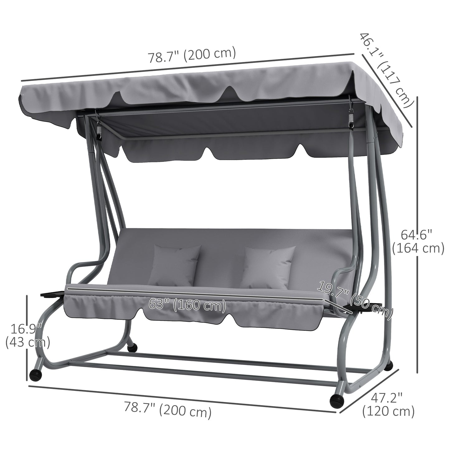 3-Seater Patio Swing Chair, Convertible Cushioned Porch Swing Bed, Outdoor Swing Seat with Adjustable Canopy and Two Pillows, for Porch, Garden, Poolside, Light Grey