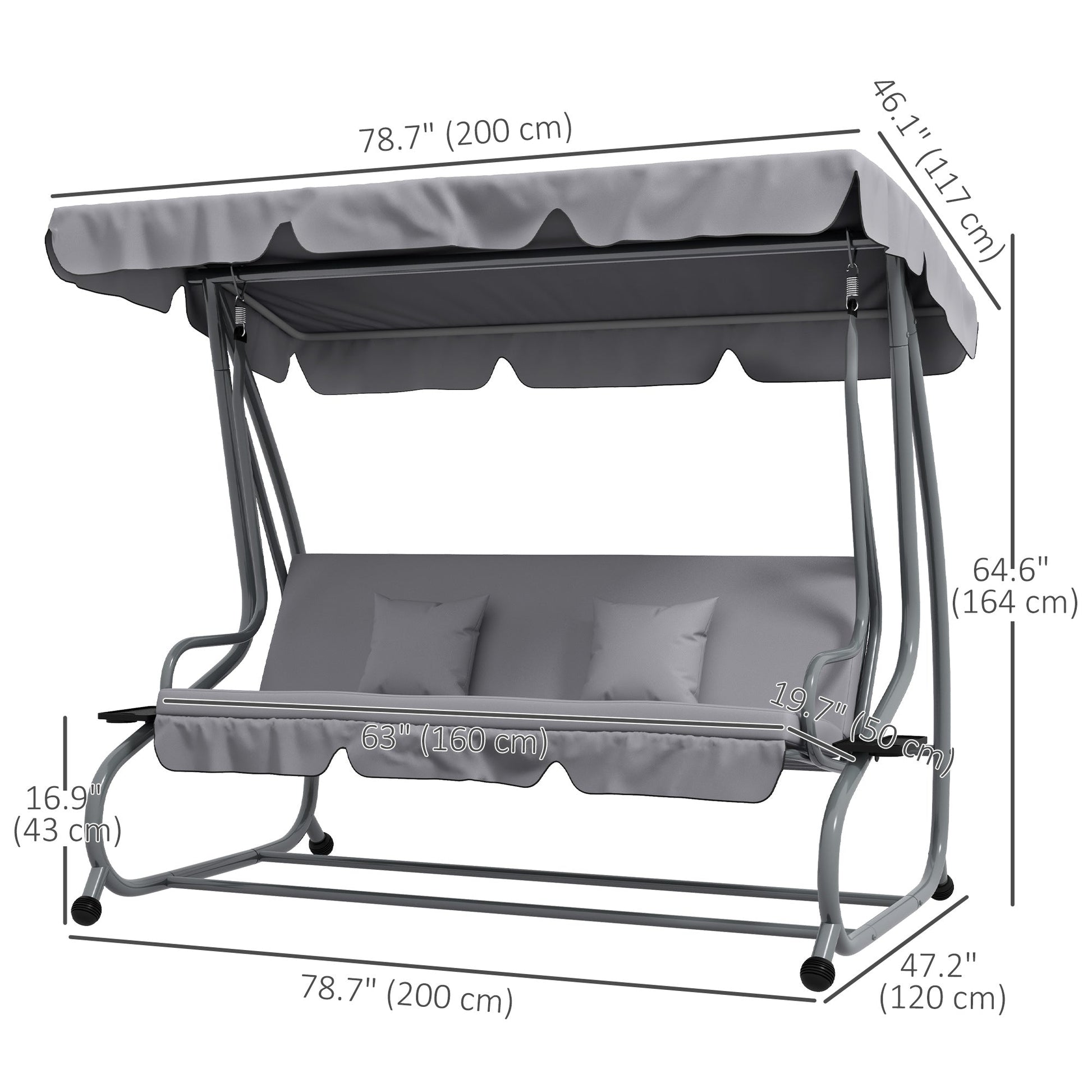 3-Seater Patio Swing Chair, Convertible Cushioned Porch Swing Bed, Outdoor Swing Seat with Adjustable Canopy and Two Pillows, for Porch, Garden, Poolside, Light Grey