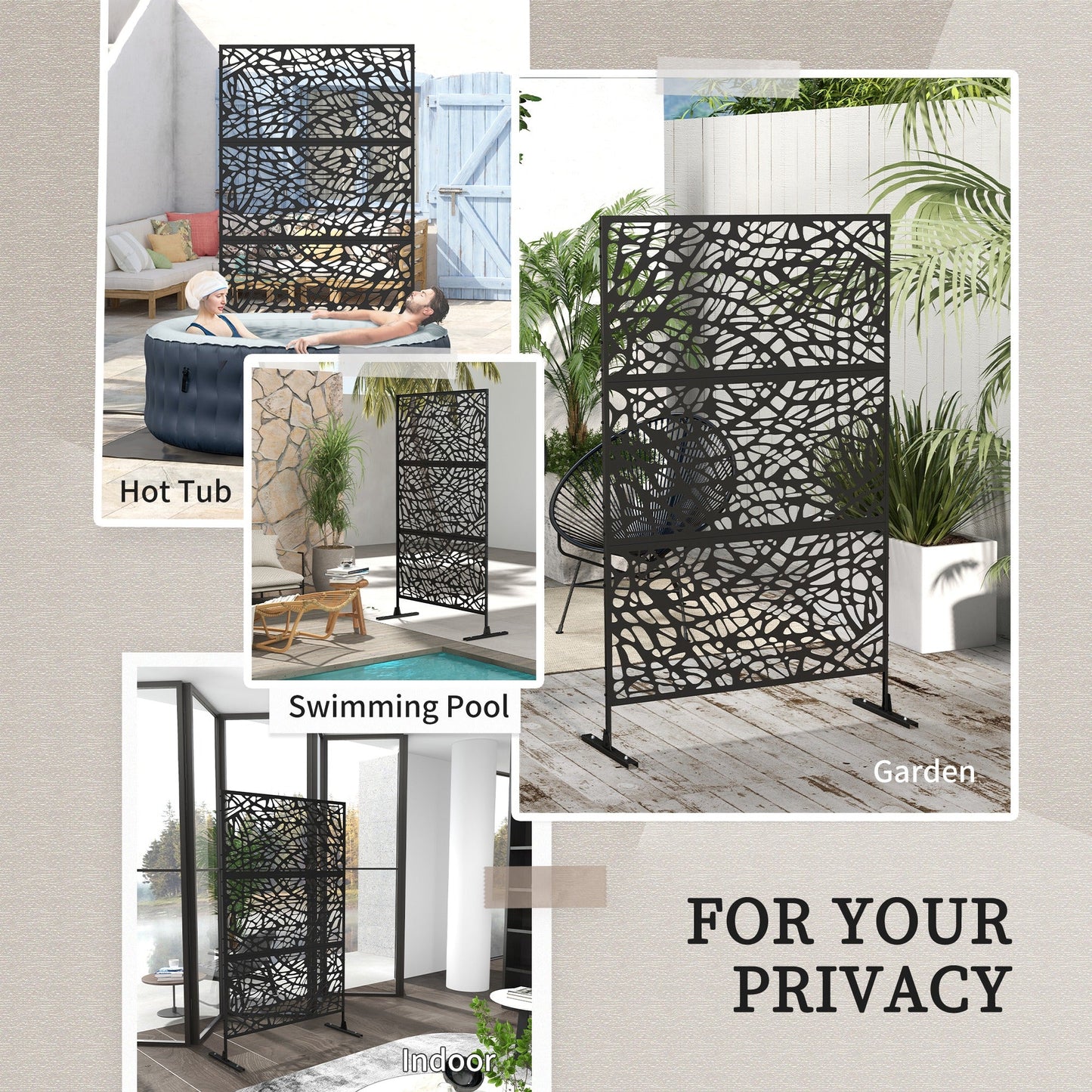 Metal Outdoor Privacy Screen, Decorative Outdoor Divider with Stand and Expansion Screws, Freestanding Privacy Panel for Garden, Backyard, Deck, Twisted Line Style, Black