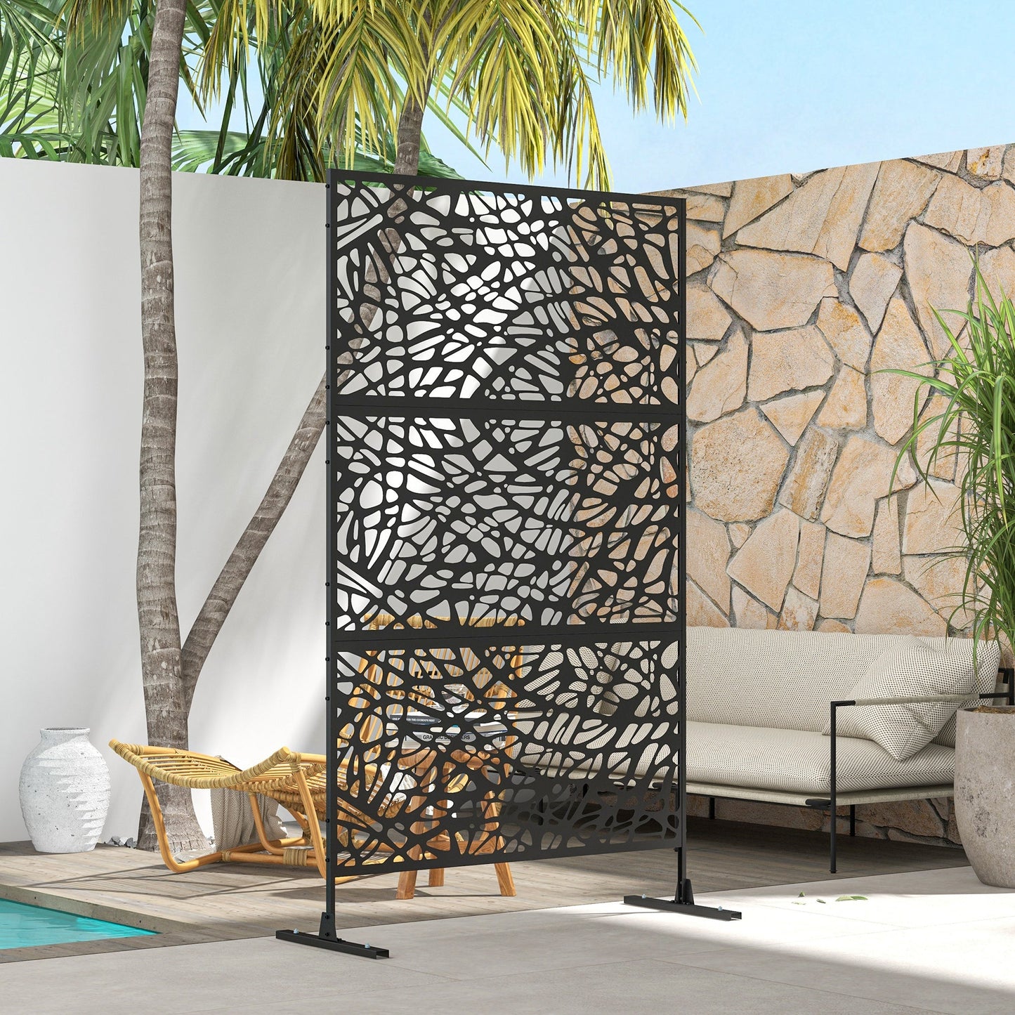 Metal Outdoor Privacy Screen, Decorative Outdoor Divider with Stand and Expansion Screws, Freestanding Privacy Panel for Garden, Backyard, Deck, Twisted Line Style, Black