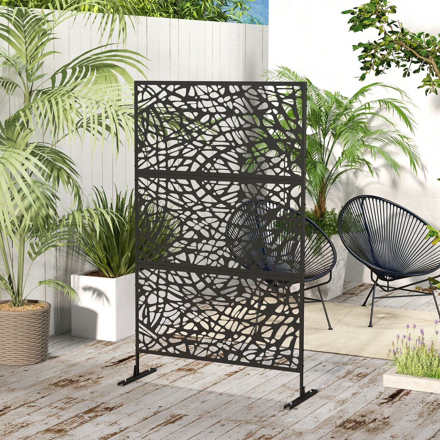 Metal Outdoor Privacy Screen, Decorative Outdoor Divider with Stand and Expansion Screws, Freestanding Privacy Panel for Garden, Backyard, Deck, Twisted Line Style, Black