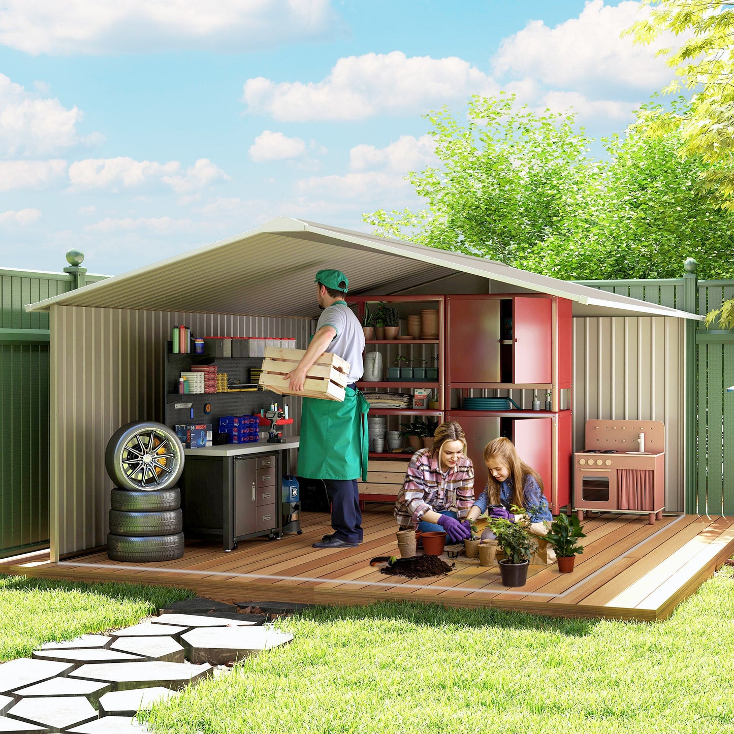 11' x 13' Garden Storage Shed with Foundation Kit, Metal Tool Storage House with Double Doors for Outdoor Patio Yard, Light Grey