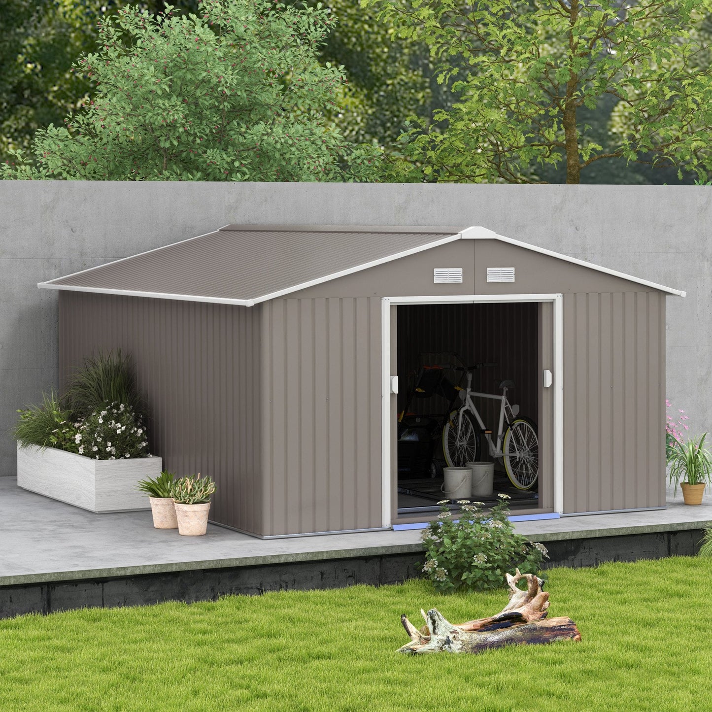 11' x 13' Garden Storage Shed with Foundation Kit, Metal Tool Storage House with Double Doors for Outdoor Patio Yard, Light Grey