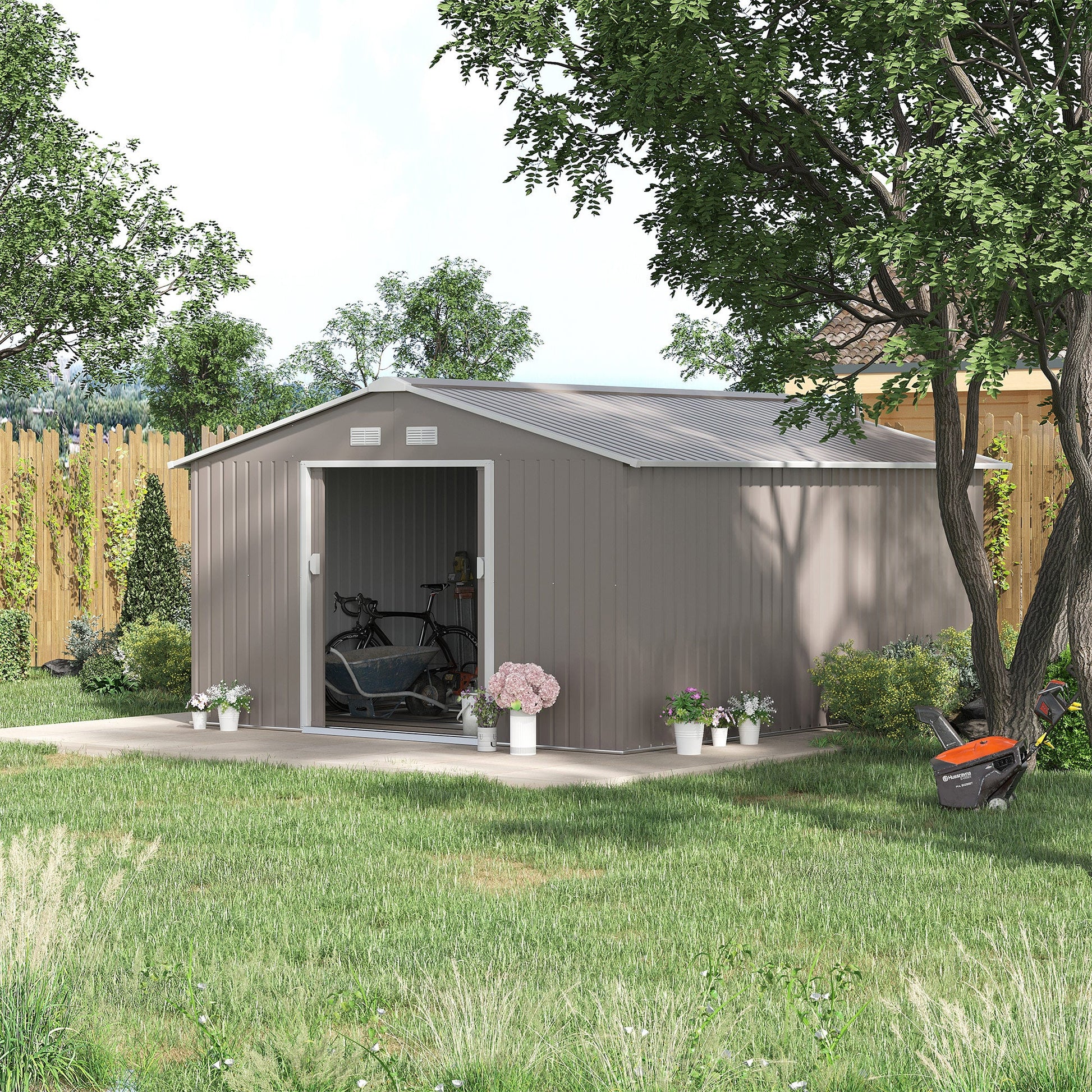 11' x 13' Garden Storage Shed with Foundation Kit, Metal Tool Storage House with Double Doors for Outdoor Patio Yard, Light Grey