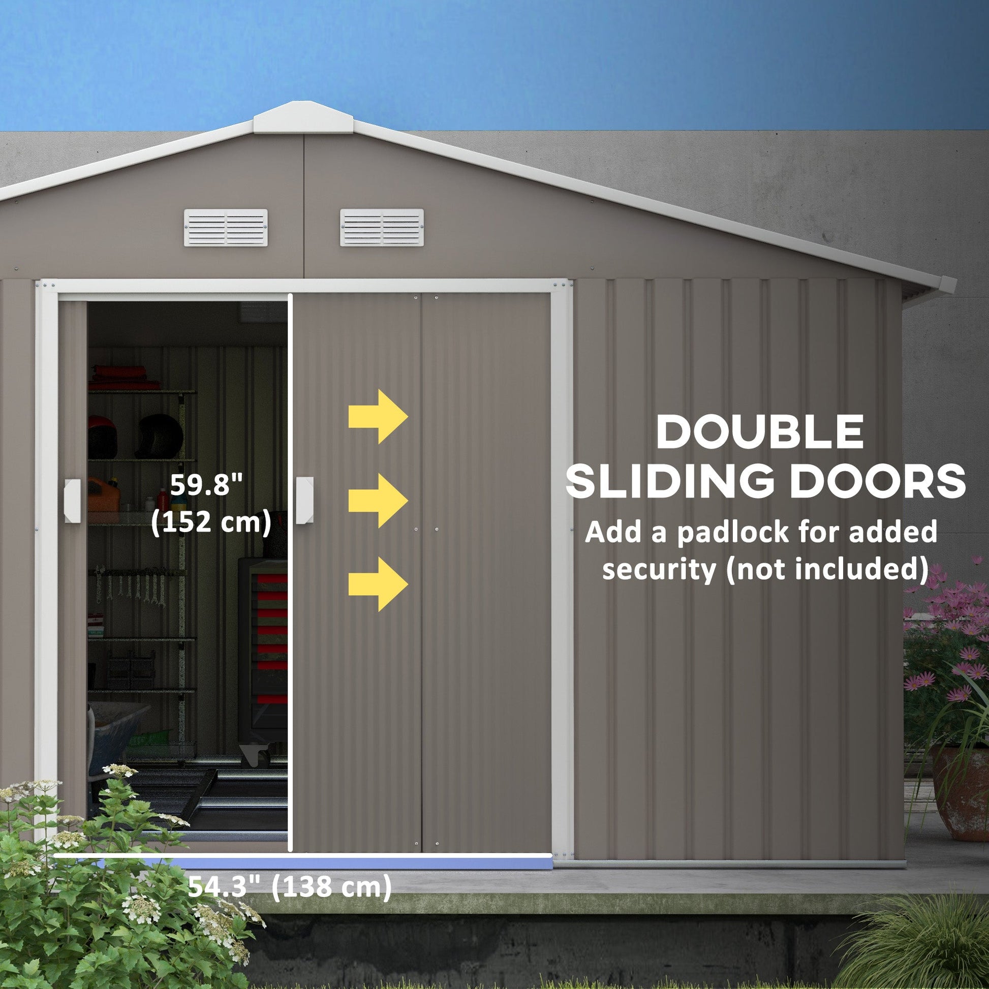 11' x 13' Garden Storage Shed with Foundation Kit, Metal Tool Storage House with Double Doors for Outdoor Patio Yard, Light Grey