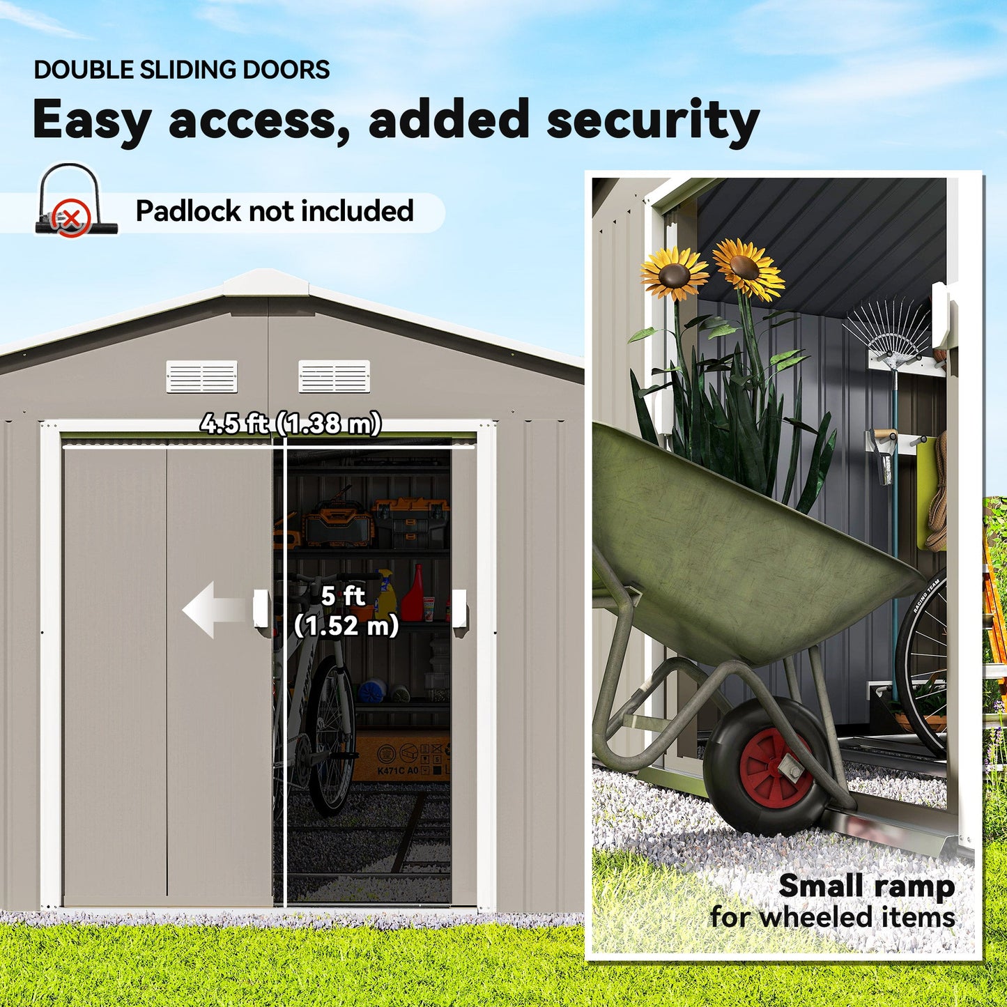 11' x 13' Garden Storage Shed with Foundation Kit, Metal Tool Storage House with Double Doors for Outdoor Patio Yard, Light Grey