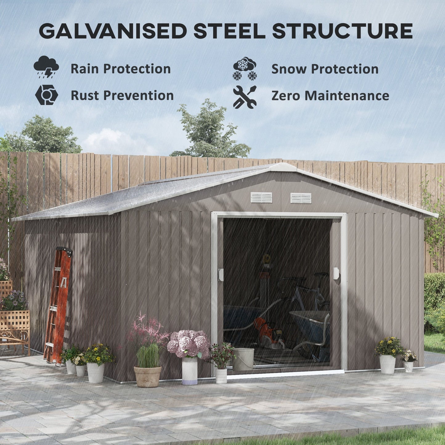 11' x 13' Garden Storage Shed with Foundation Kit, Metal Tool Storage House with Double Doors for Outdoor Patio Yard, Light Grey