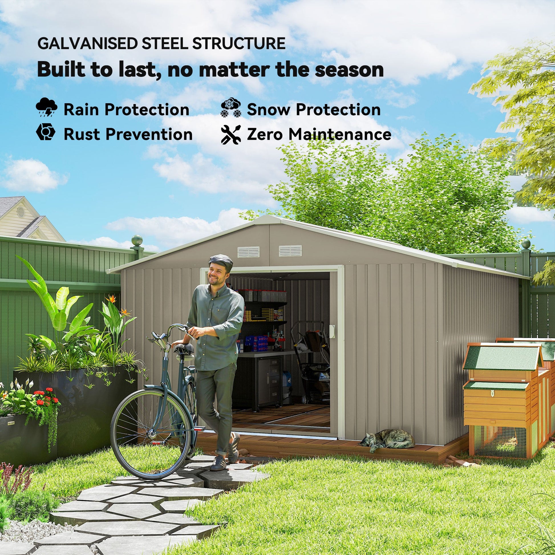 11' x 13' Garden Storage Shed with Foundation Kit, Metal Tool Storage House with Double Doors for Outdoor Patio Yard, Light Grey