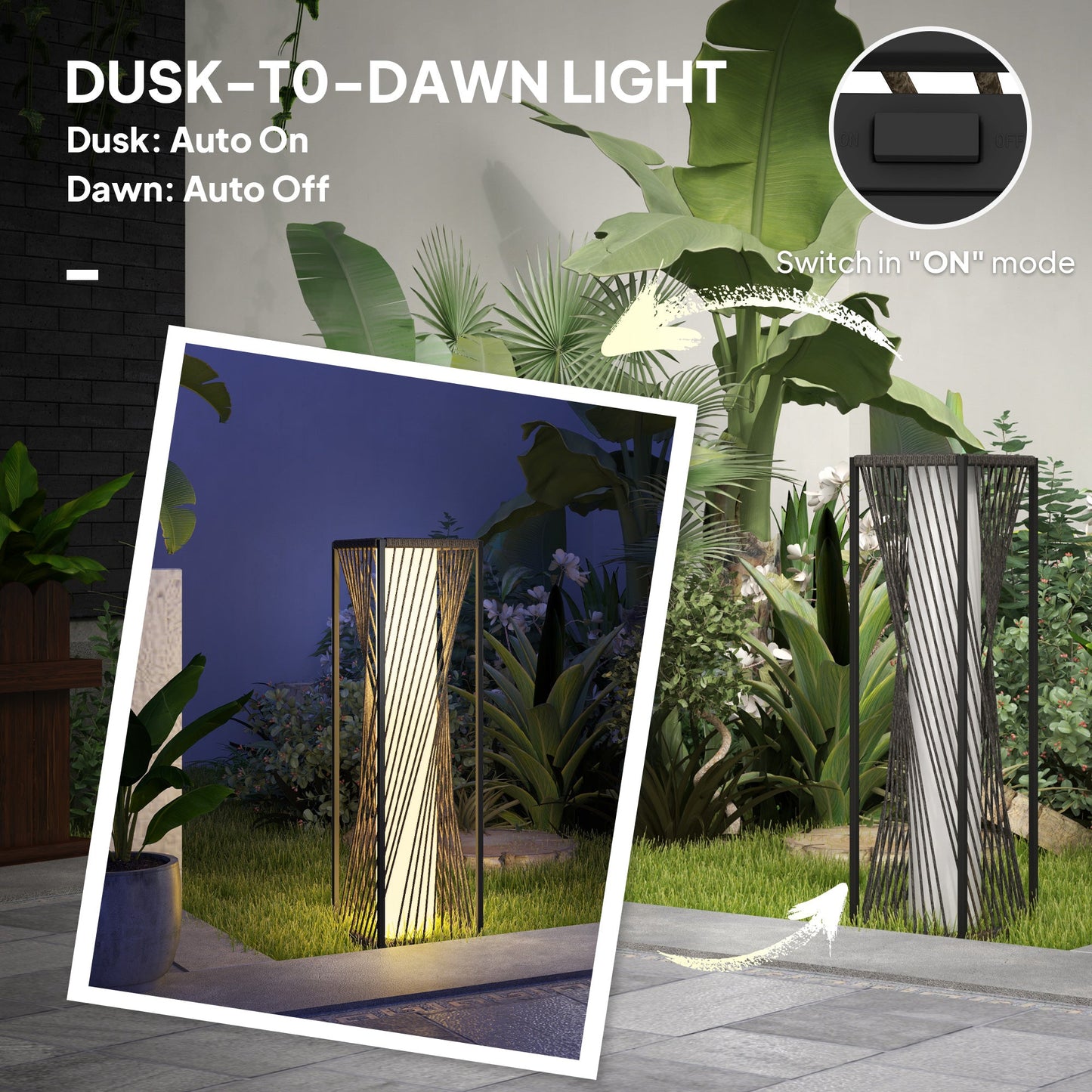 Rattan Solar Floor Lamp, Solar Powered Outdoor Lamp with Auto On/Off LED Lights, IP44 Waterproof, Decorative Outdoor Lantern for Patio, Porch, Pathway, Grey