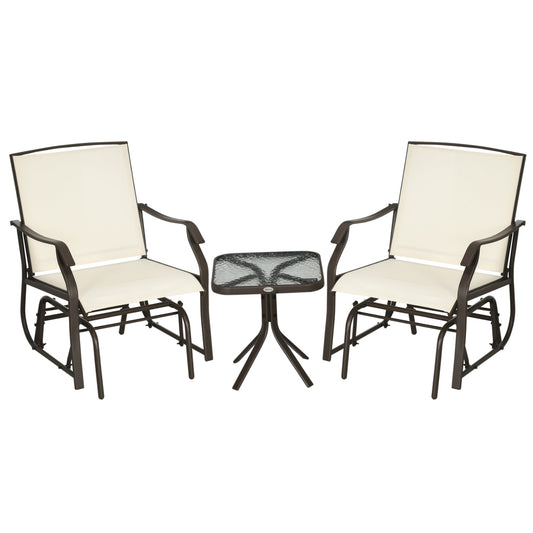 3 Piece Patio Glider Set, Outdoor Gliders with Glass Top Table, Breathable Mesh Seat, or Garden, Country Yard, Porch, Cream White