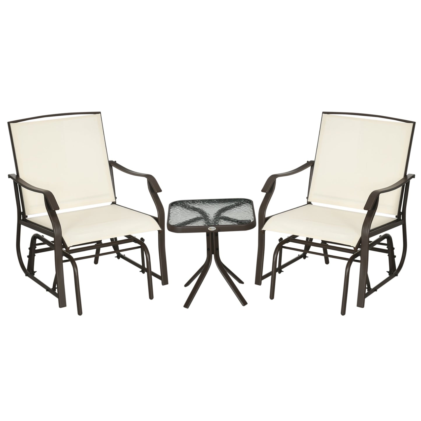 3 Piece Patio Glider Set, Outdoor Gliders with Glass Top Table, Breathable Mesh Seat, or Garden, Country Yard, Porch, Cream White