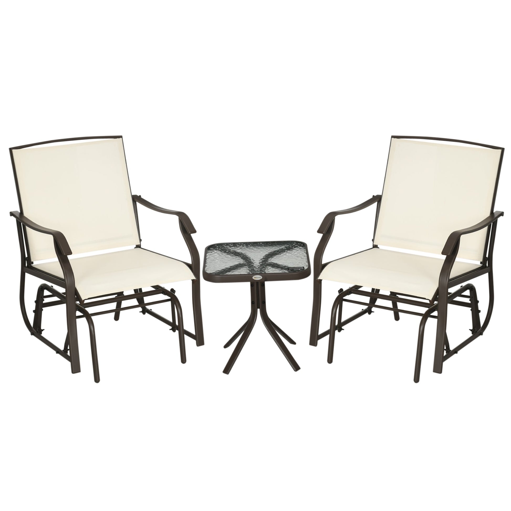 3 Piece Patio Glider Set, Outdoor Gliders with Glass Top Table, Breathable Mesh Seat, or Garden, Country Yard, Porch, Cream White