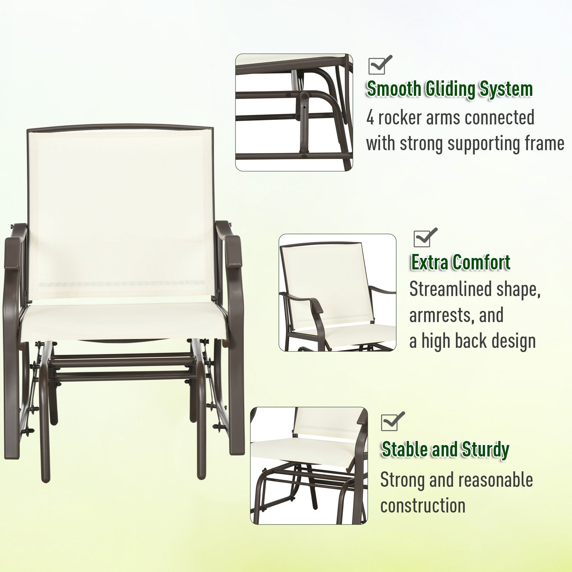 3 Piece Patio Glider Set, Outdoor Gliders with Glass Top Table, Breathable Mesh Seat, or Garden, Country Yard, Porch, Cream White