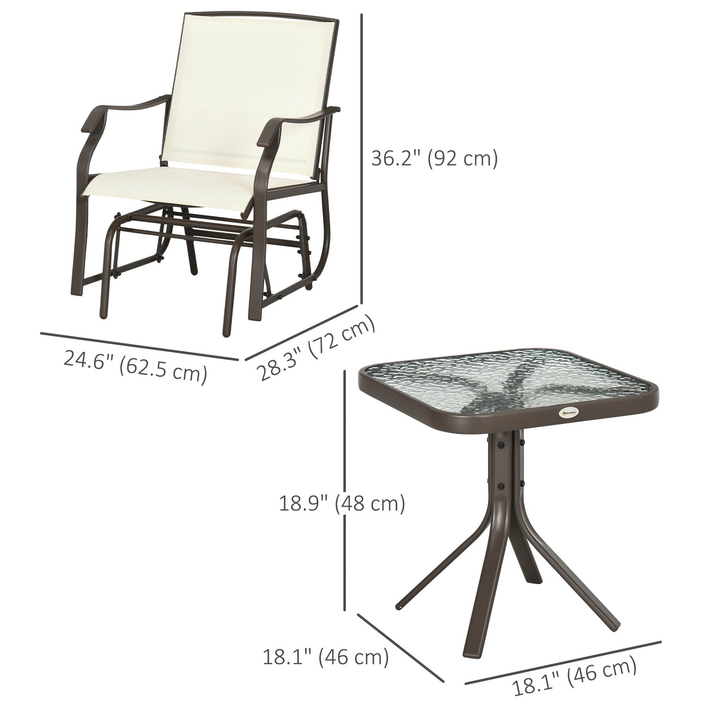 3 Piece Patio Glider Set, Outdoor Gliders with Glass Top Table, Breathable Mesh Seat, or Garden, Country Yard, Porch, Cream White