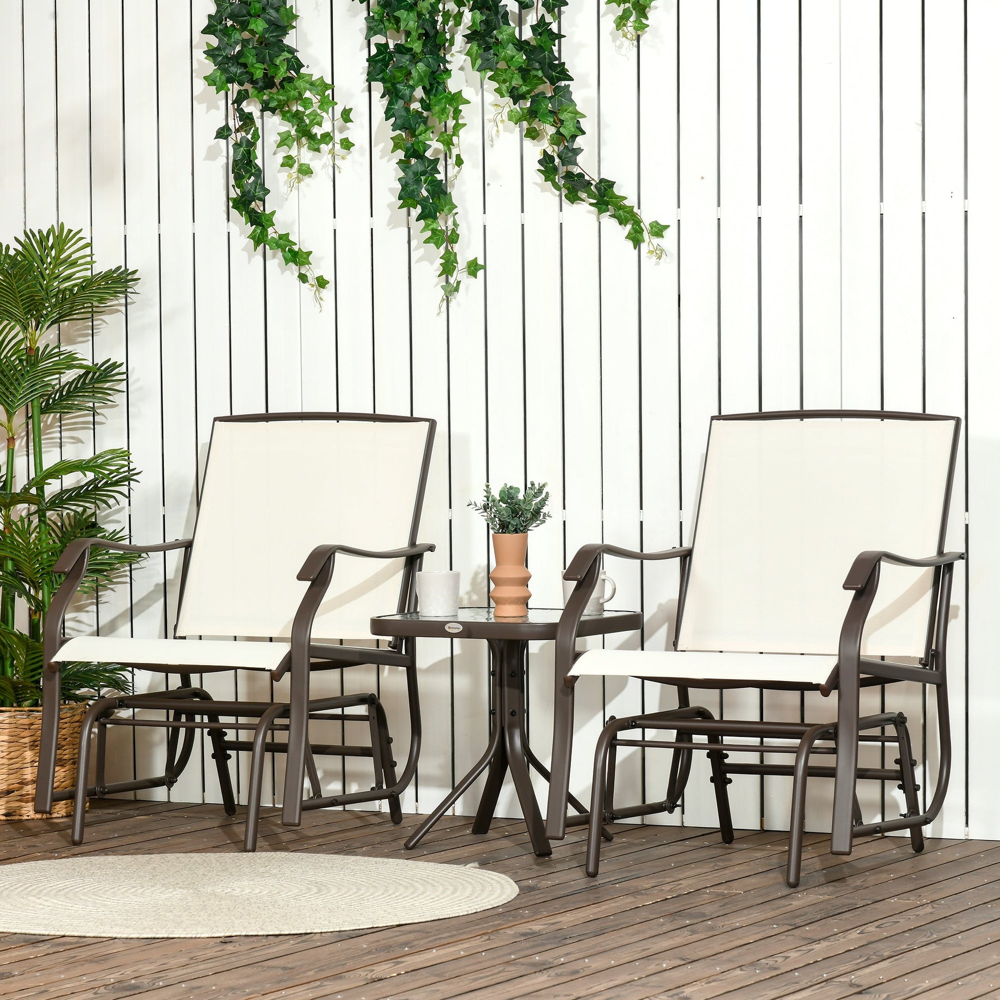 3 Piece Patio Glider Set, Outdoor Gliders with Glass Top Table, Breathable Mesh Seat, or Garden, Country Yard, Porch, Cream White