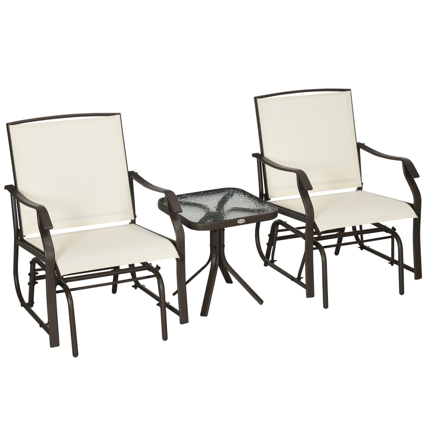 3 Piece Patio Glider Set, Outdoor Gliders with Glass Top Table, Breathable Mesh Seat, or Garden, Country Yard, Porch, Cream White
