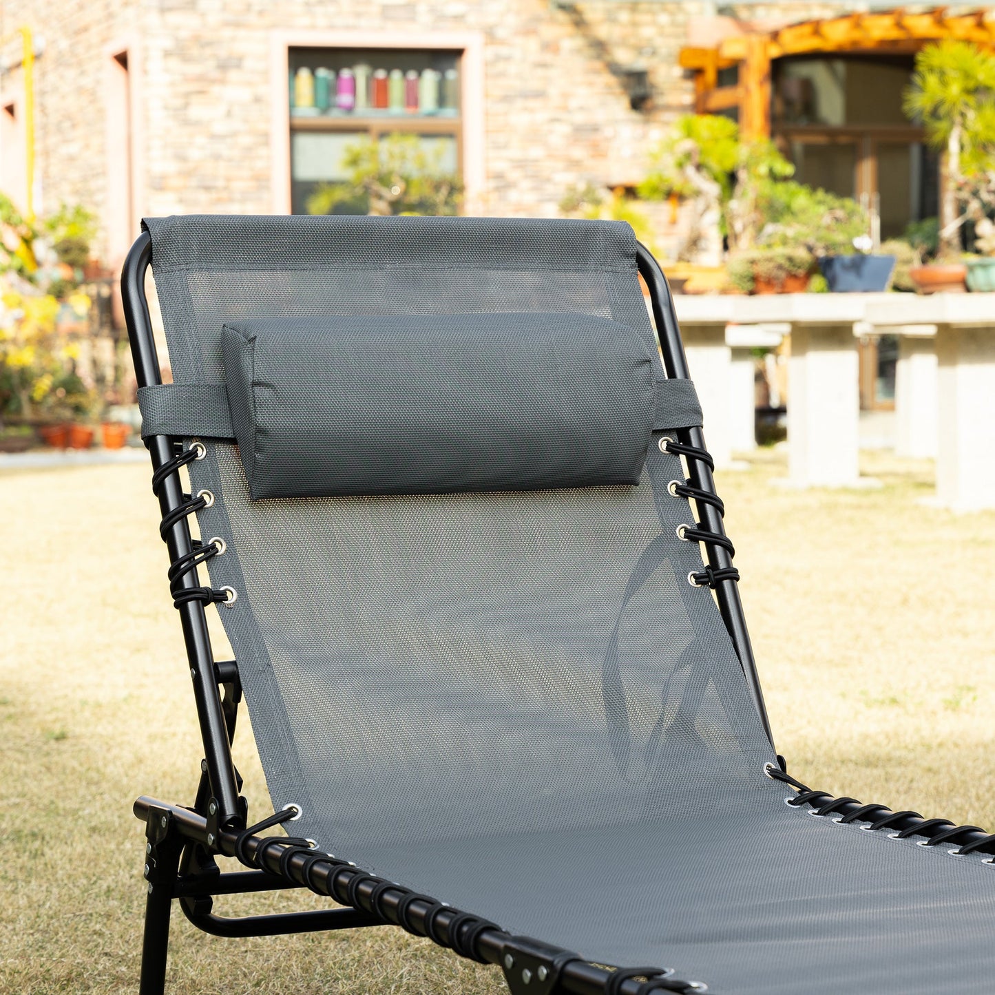 Folding Lounge Chair, Reclining Tanning Chair, Portable Sun Lounger with Adjustable Backrest and Removable Pillow for Patio, Garden, Beach, Grey