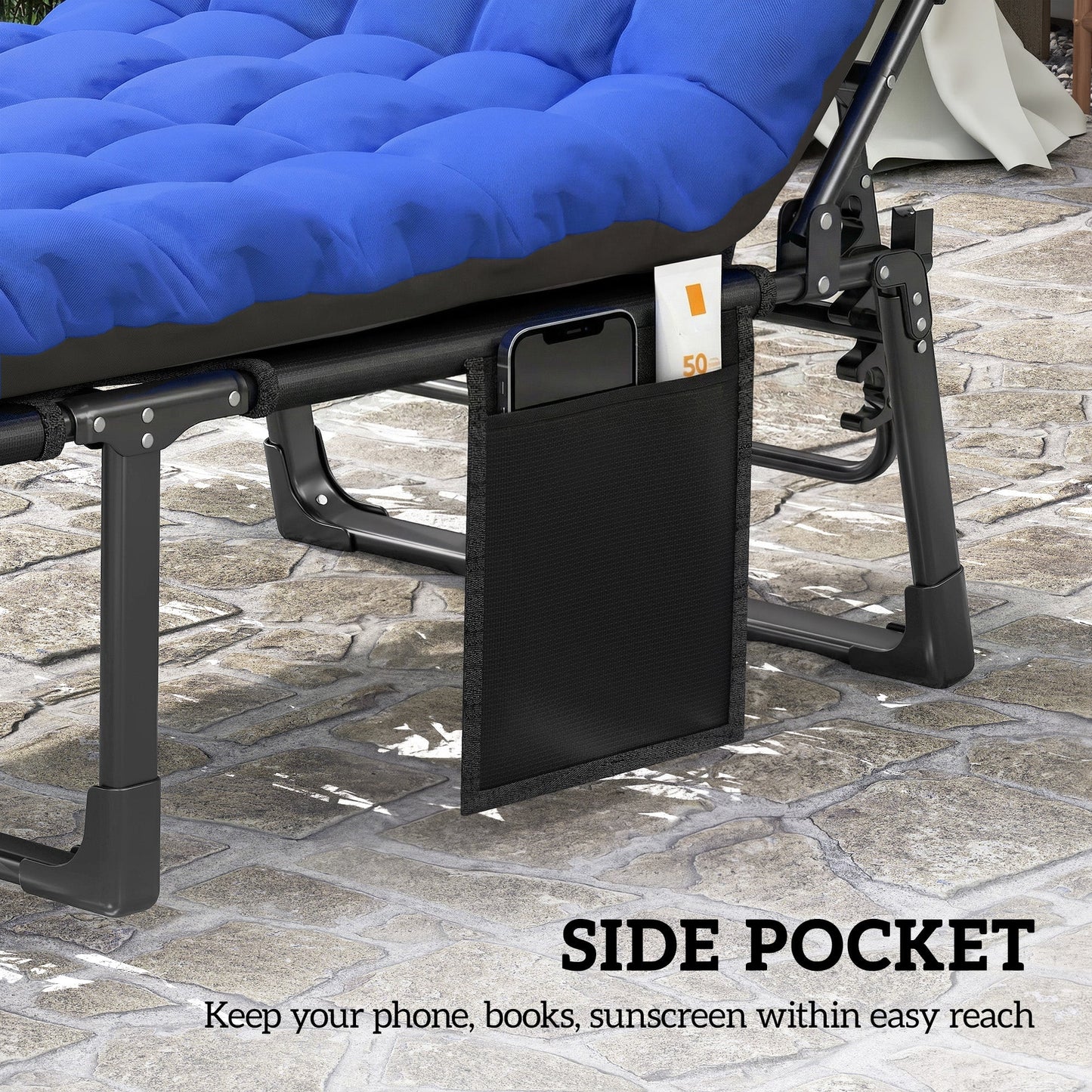 Lounge Chair Outdoor Set of 2, 75 cm Wide Folding Chaise Lounge Tanning Chair, 5-Position Beach Patio Lounger Camping Cot Bed with Cushion, Side Pocket, Dark Grey/Blue