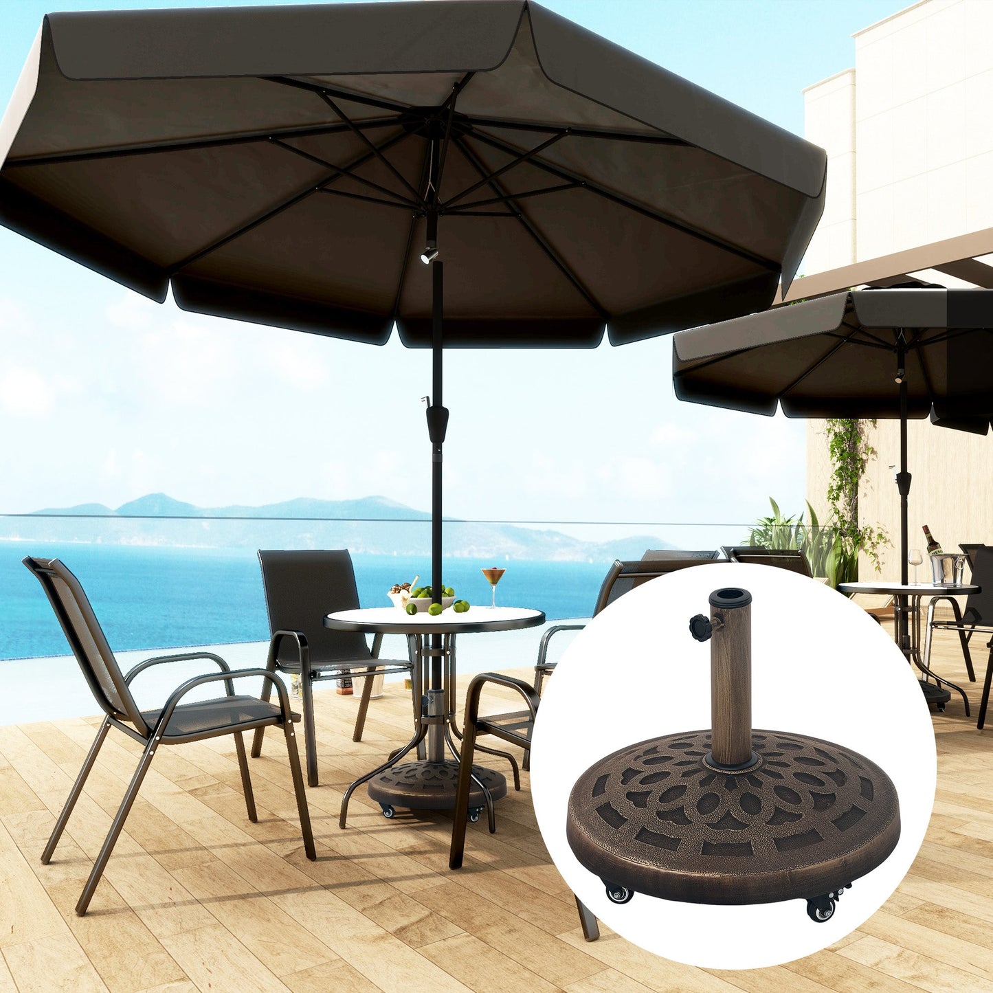 Round Patio Umbrella Base with Wheels, 46lbs Resin Umbrella Stand Base, Heavy Duty Patio Umbrella Holder for 1.3"/1.5"/1.9" Poles for Outdoor, Lawn, Poolside, Bronze