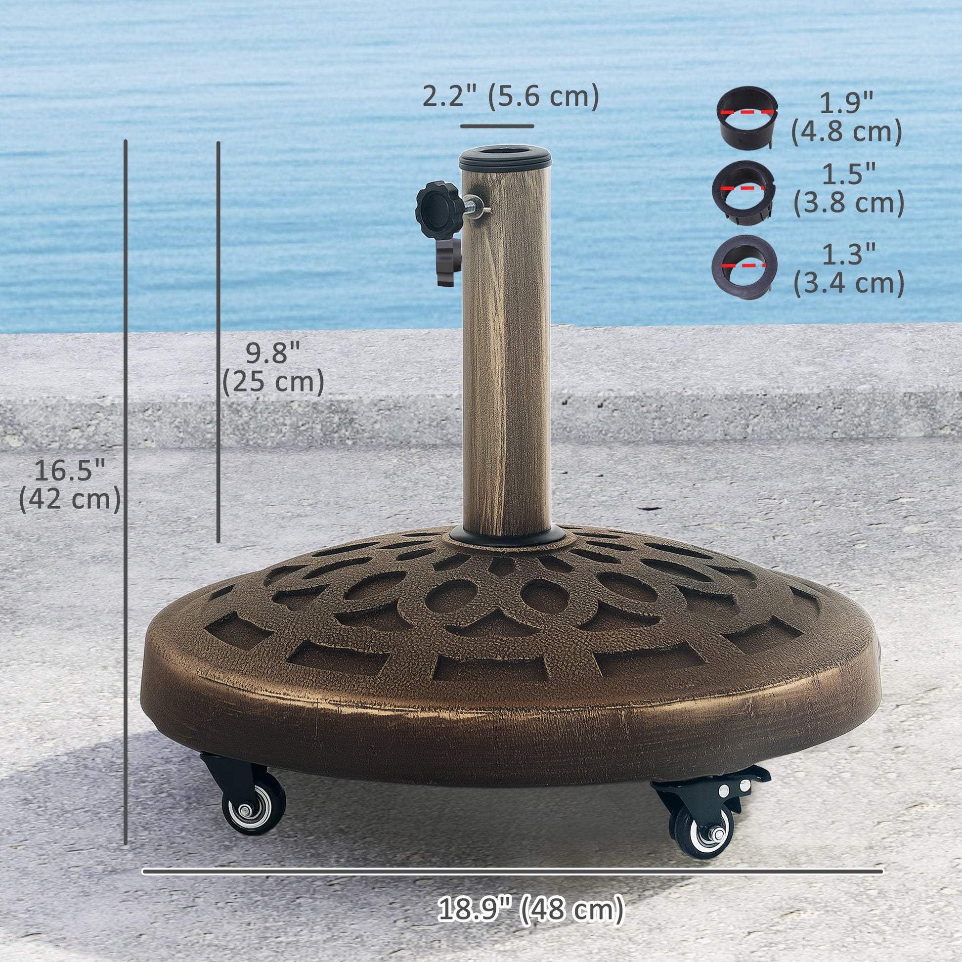Round Patio Umbrella Base with Wheels, 46lbs Resin Umbrella Stand Base, Heavy Duty Patio Umbrella Holder for 1.3"/1.5"/1.9" Poles for Outdoor, Lawn, Poolside, Bronze