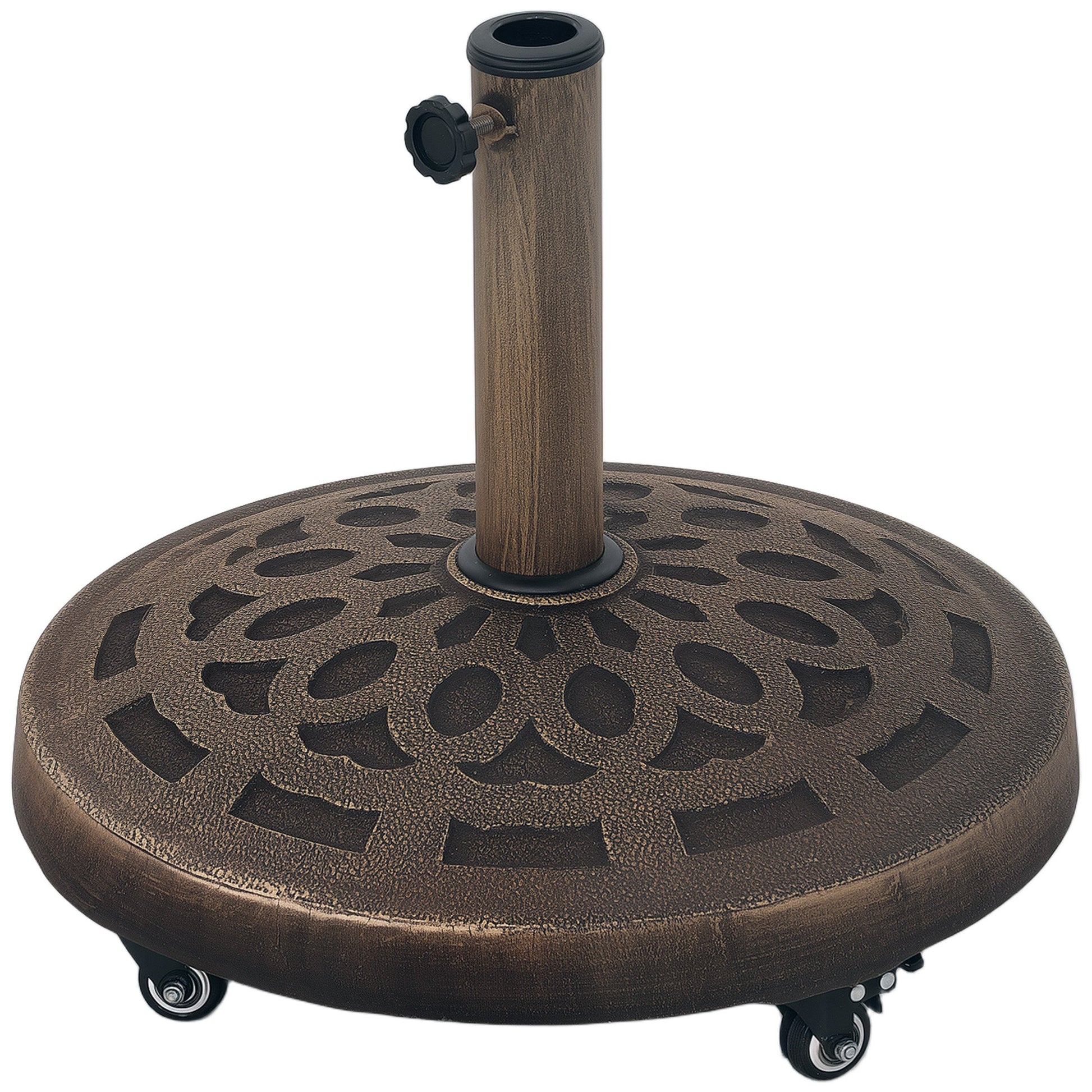 Round Patio Umbrella Base with Wheels, 46lbs Resin Umbrella Stand Base, Heavy Duty Patio Umbrella Holder for 1.3"/1.5"/1.9" Poles for Outdoor, Lawn, Poolside, Bronze